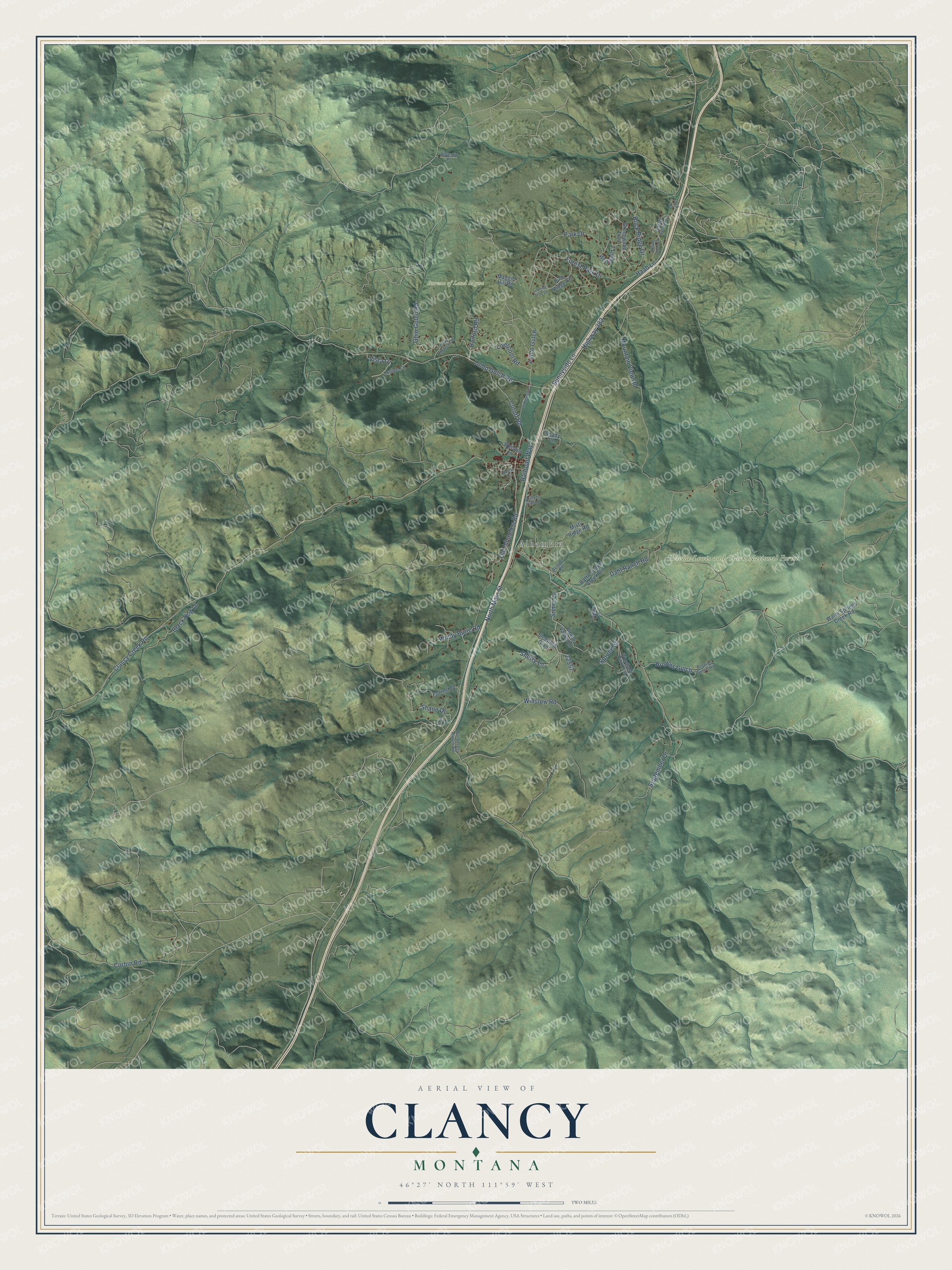 Full map of Clancy, Montana, with red buildings, printed street names and the land around them