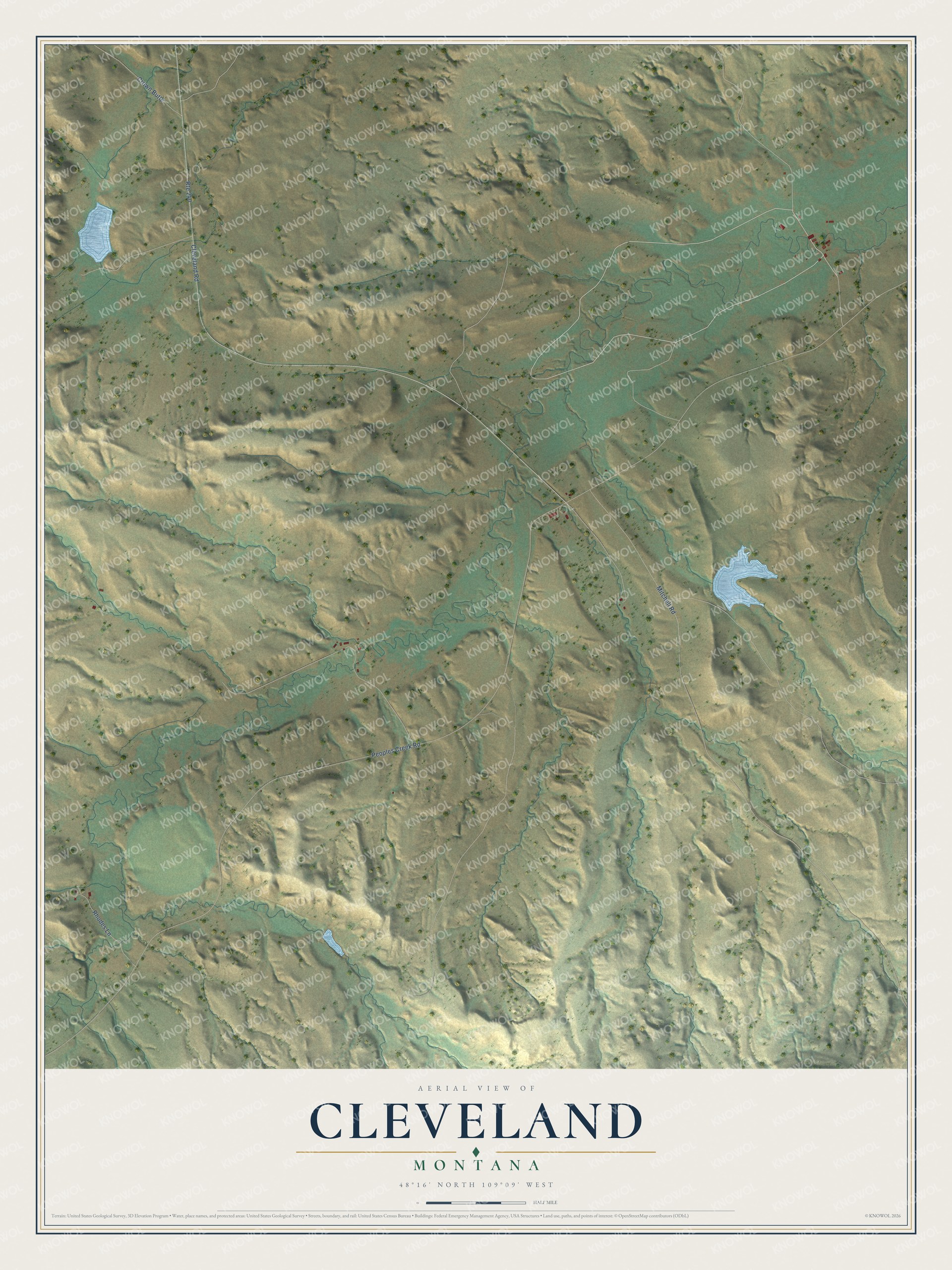Full map of Cleveland, Montana, with red buildings, printed street names and the land around them