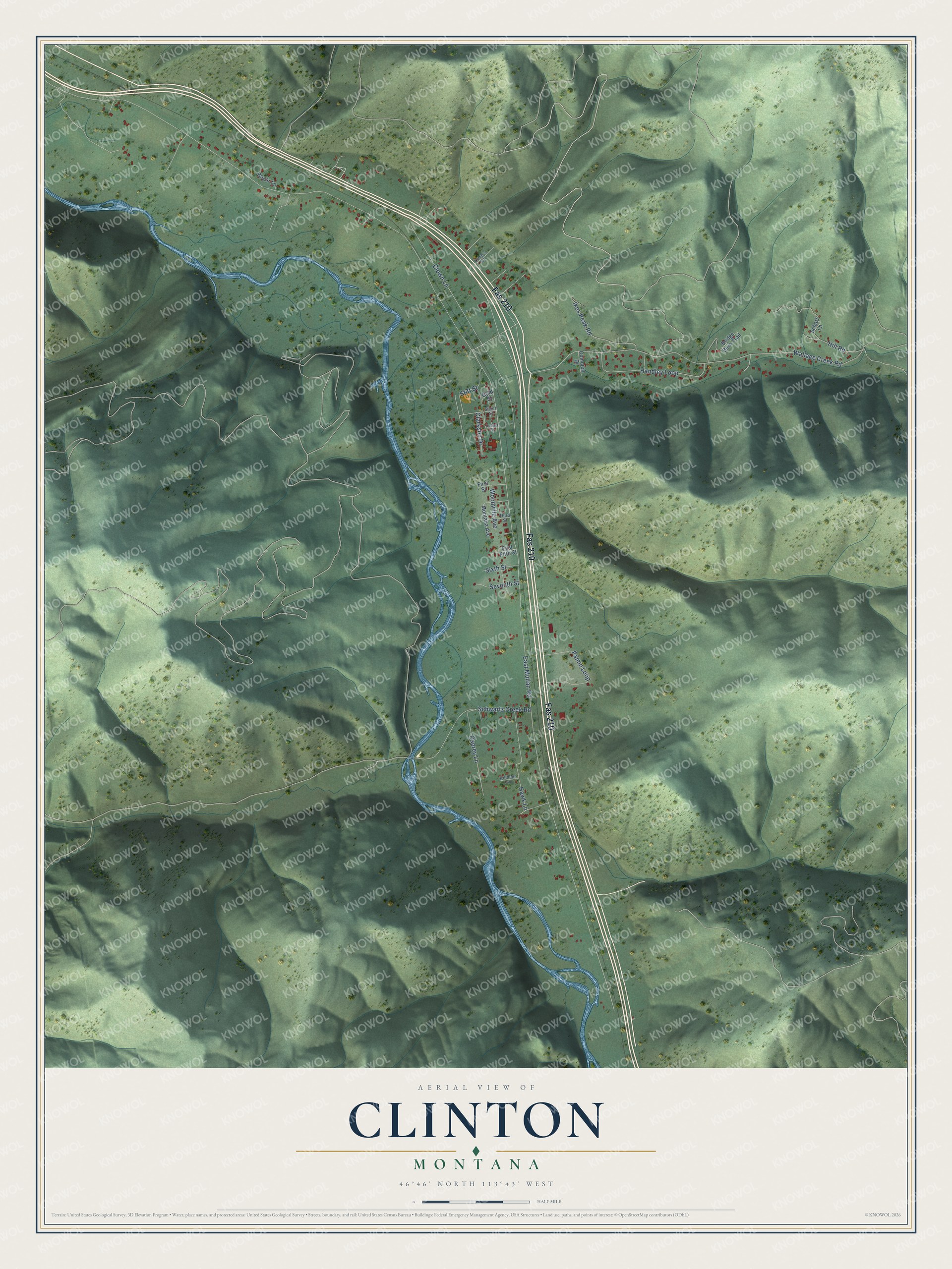 Full map of Clinton, Montana, with red buildings, printed street names and the land around them