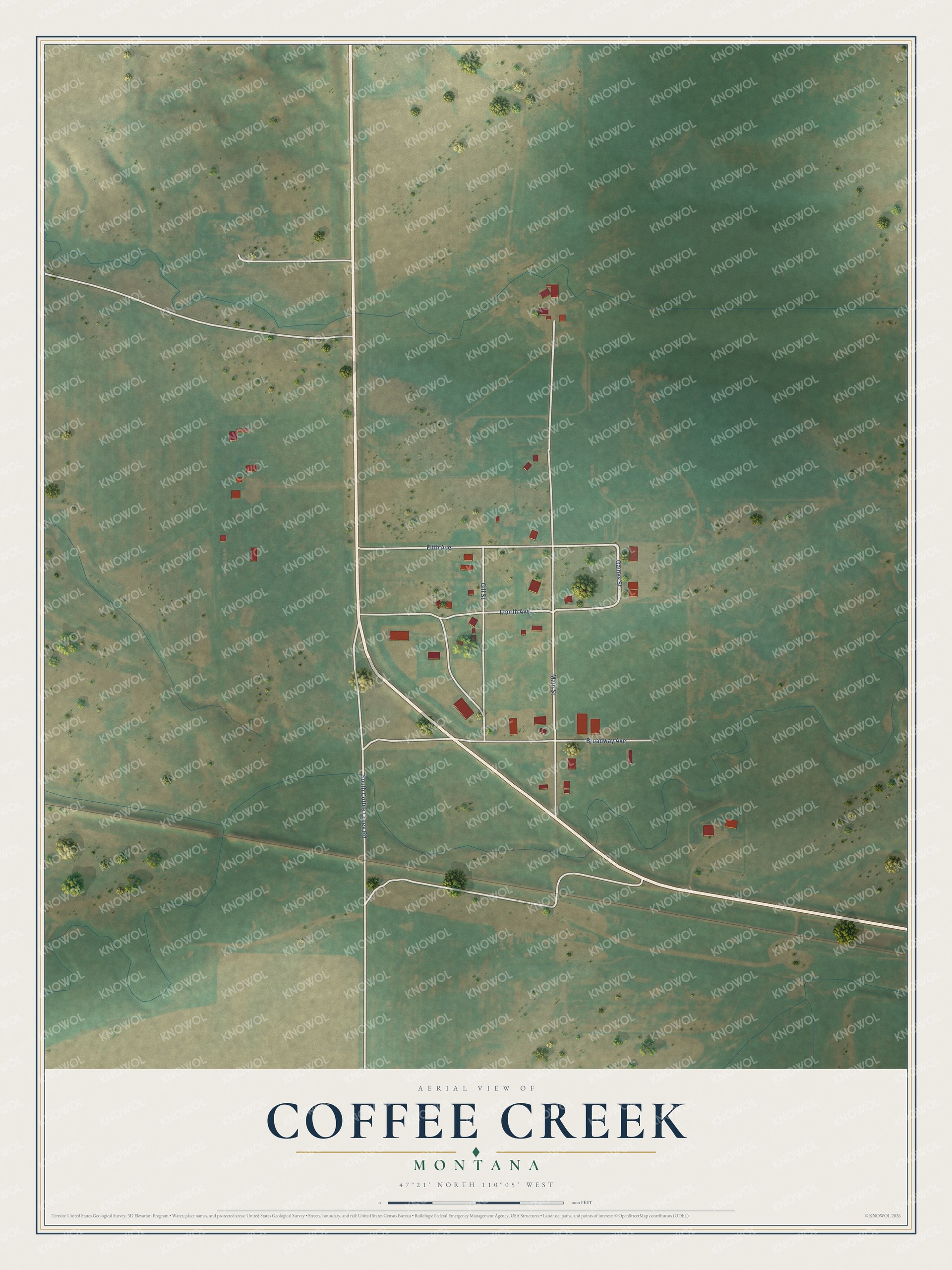 Full map of Coffee Creek, Montana, with red buildings, printed street names and the land around them
