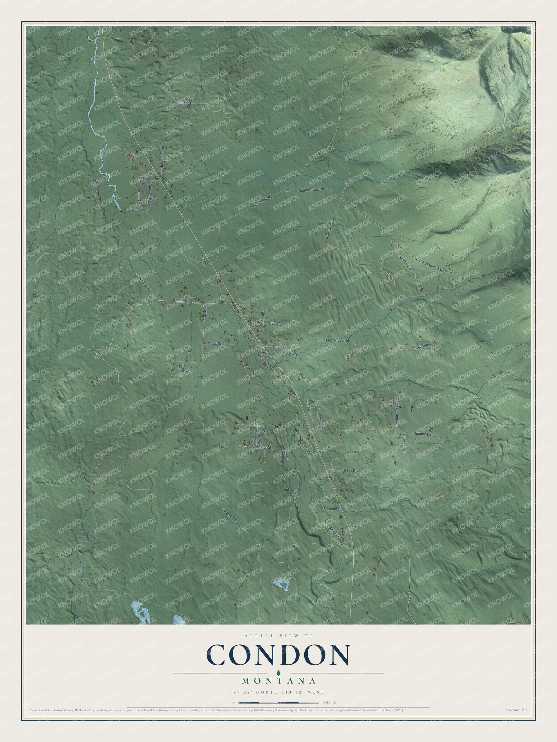 Full map of Condon, Montana, with red buildings, printed street names and the land around them