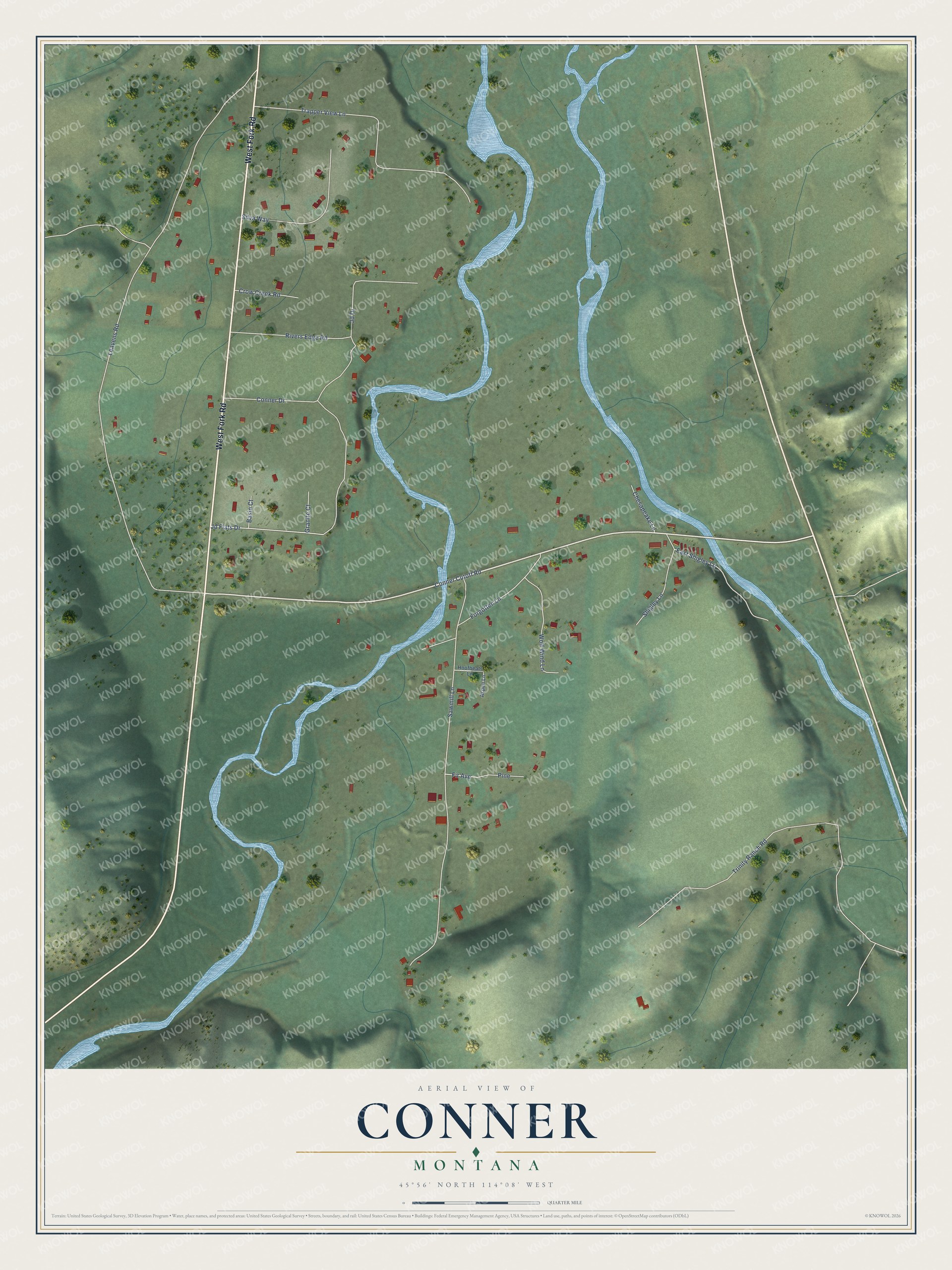 Full map of Conner, Montana, with red buildings, printed street names and the land around them