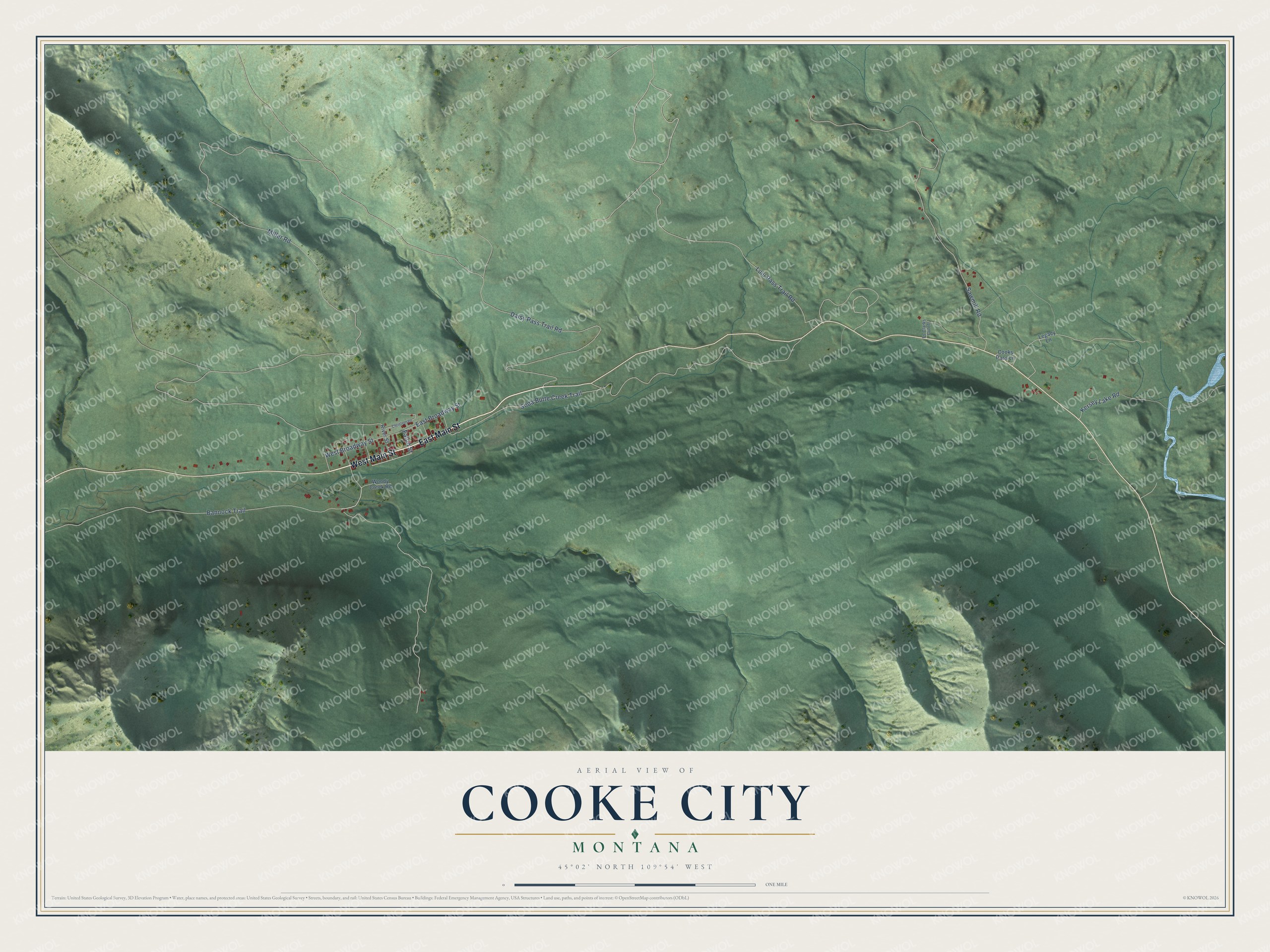 Full map of Cooke City, Montana, with red buildings, printed street names and the land around them
