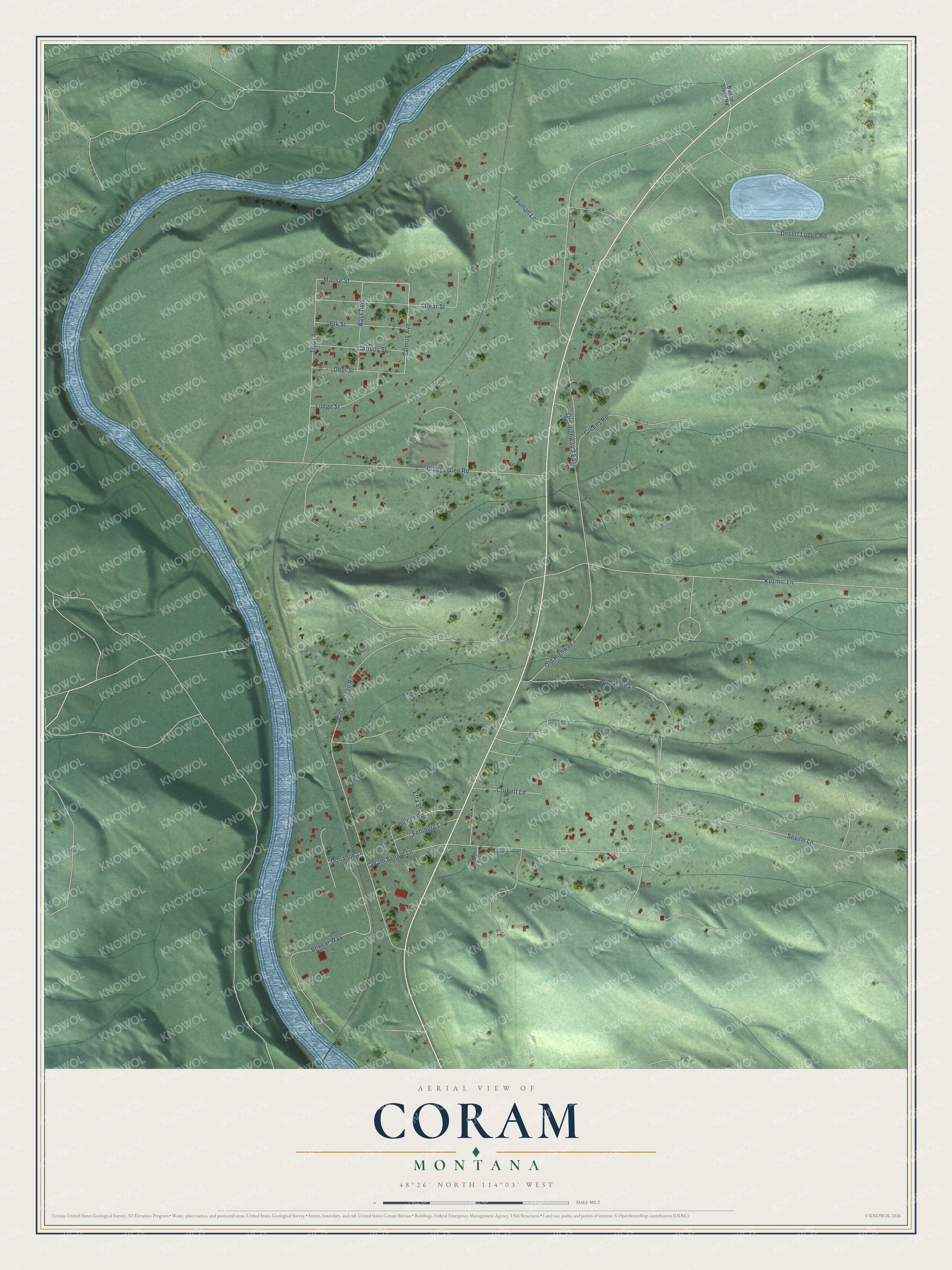 Full map of Coram, Montana, with red buildings, printed street names and the land around them