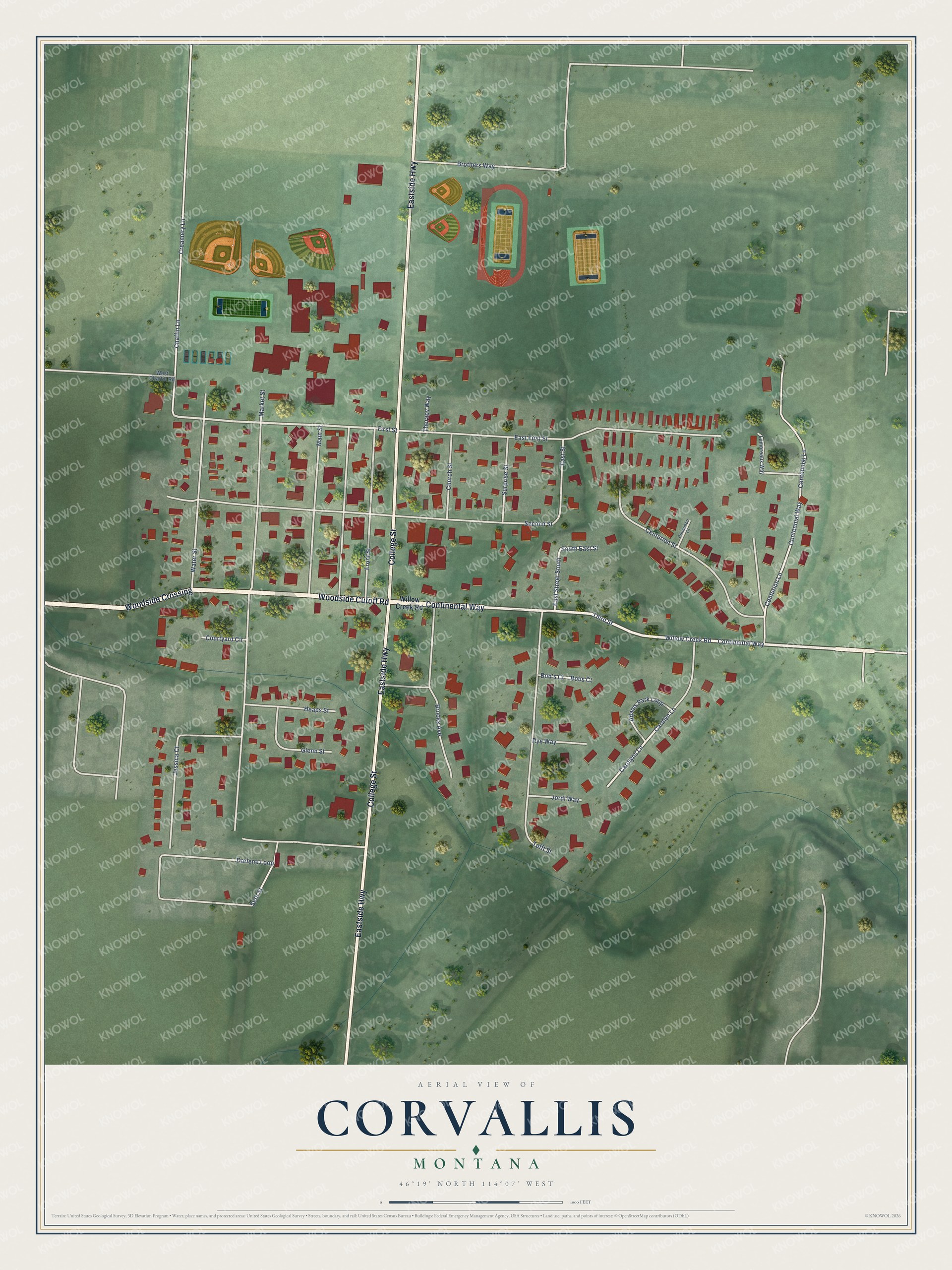 Full map of Corvallis, Montana, with red buildings, printed street names and the land around them