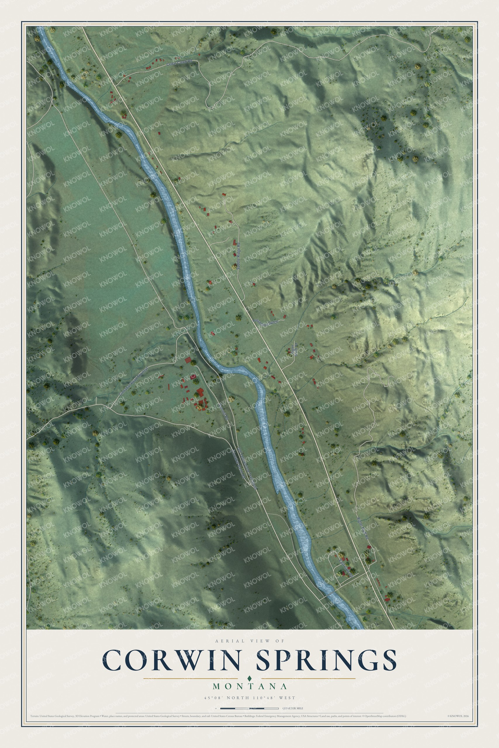 Full map of Corwin Springs, Montana, with red buildings, printed street names and the land around them