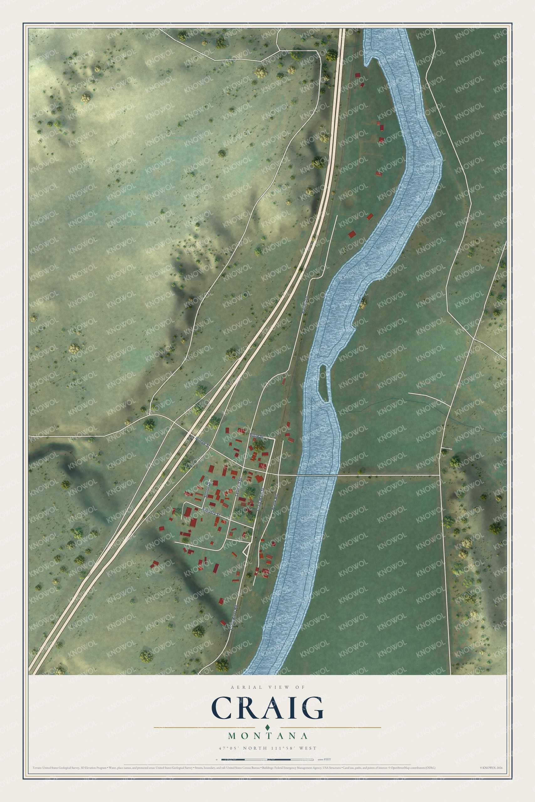 Full map of Craig, Montana, with red buildings, printed street names and the land around them