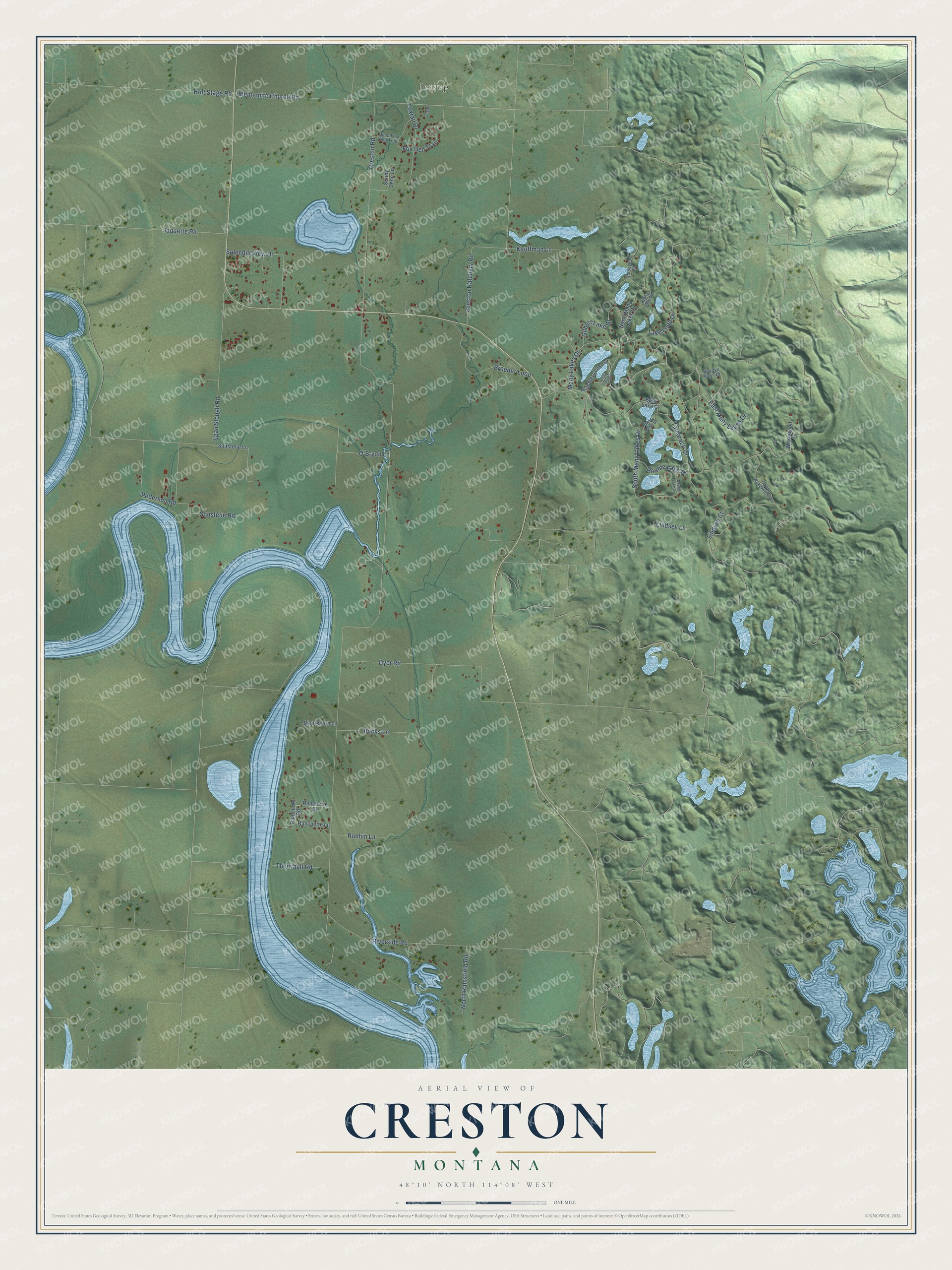 Full map of Creston, Montana, with red buildings, printed street names and the land around them