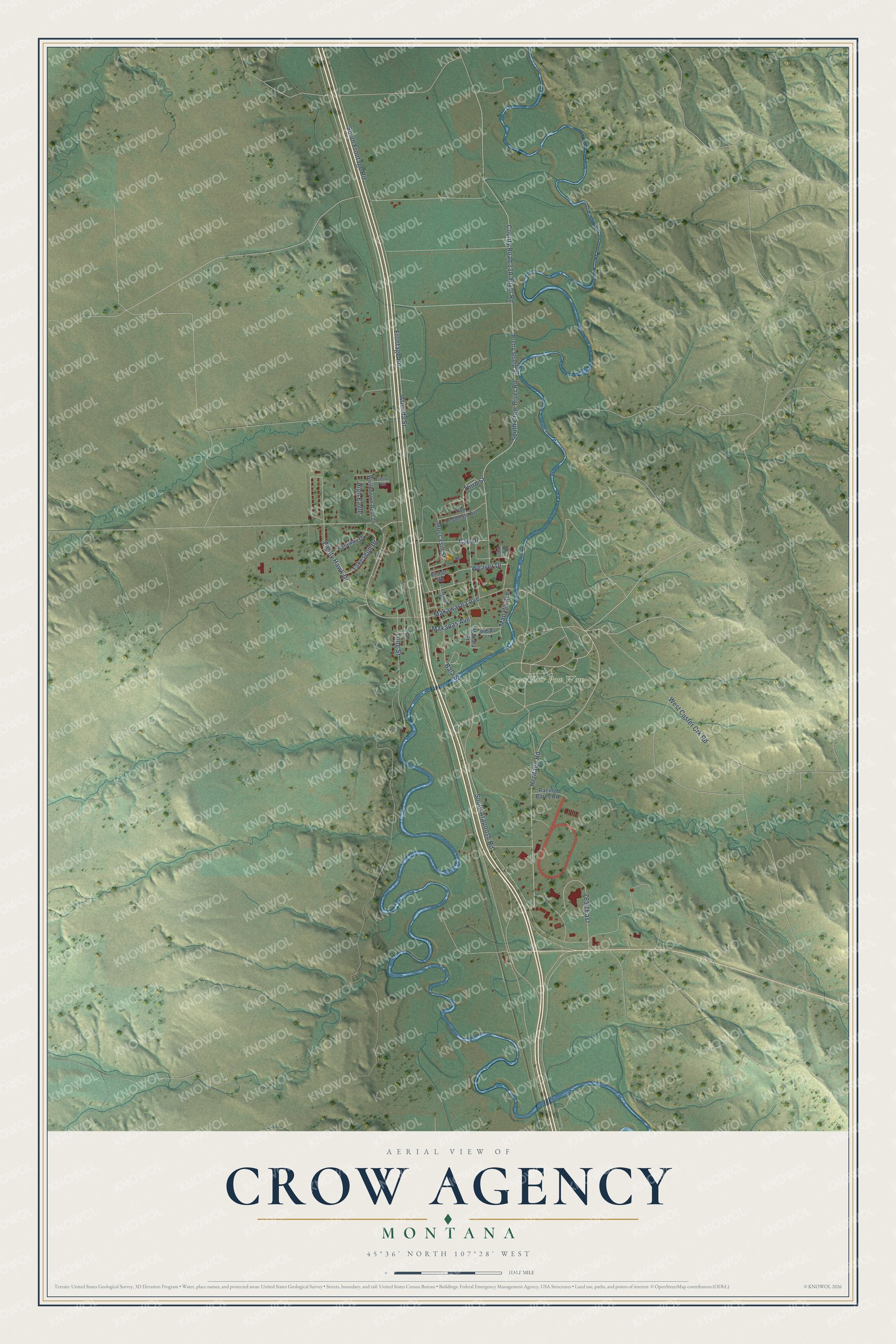 Full map of Crow Agency, Montana, with red buildings, printed street names and the land around them