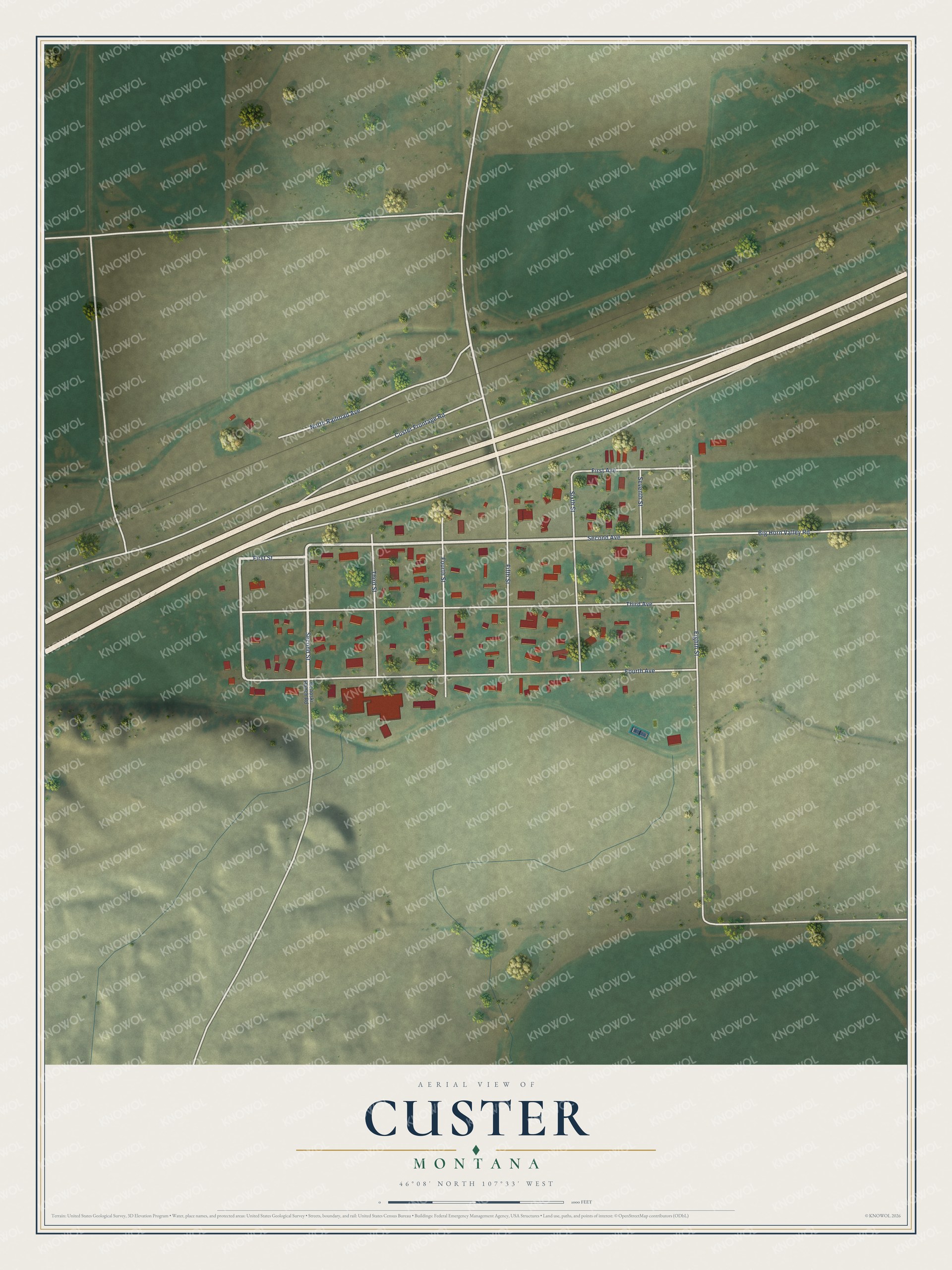Full map of Custer, Montana, with red buildings, printed street names and the land around them