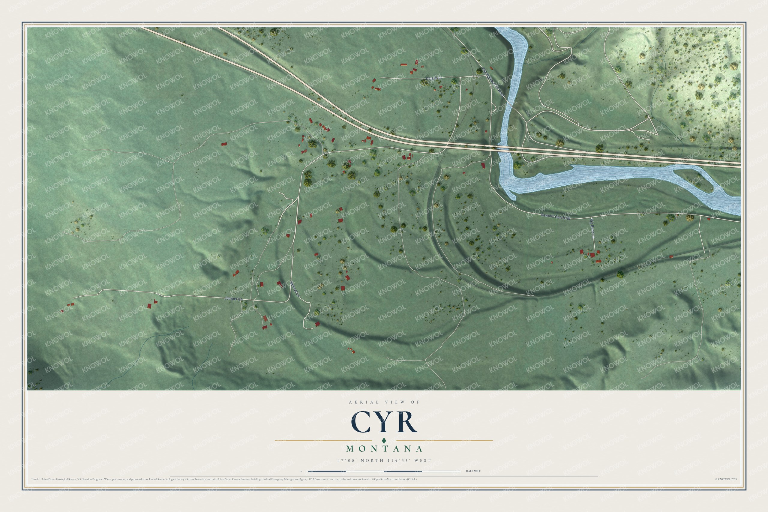 Full map of Cyr, Montana, with red buildings, printed street names and the land around them
