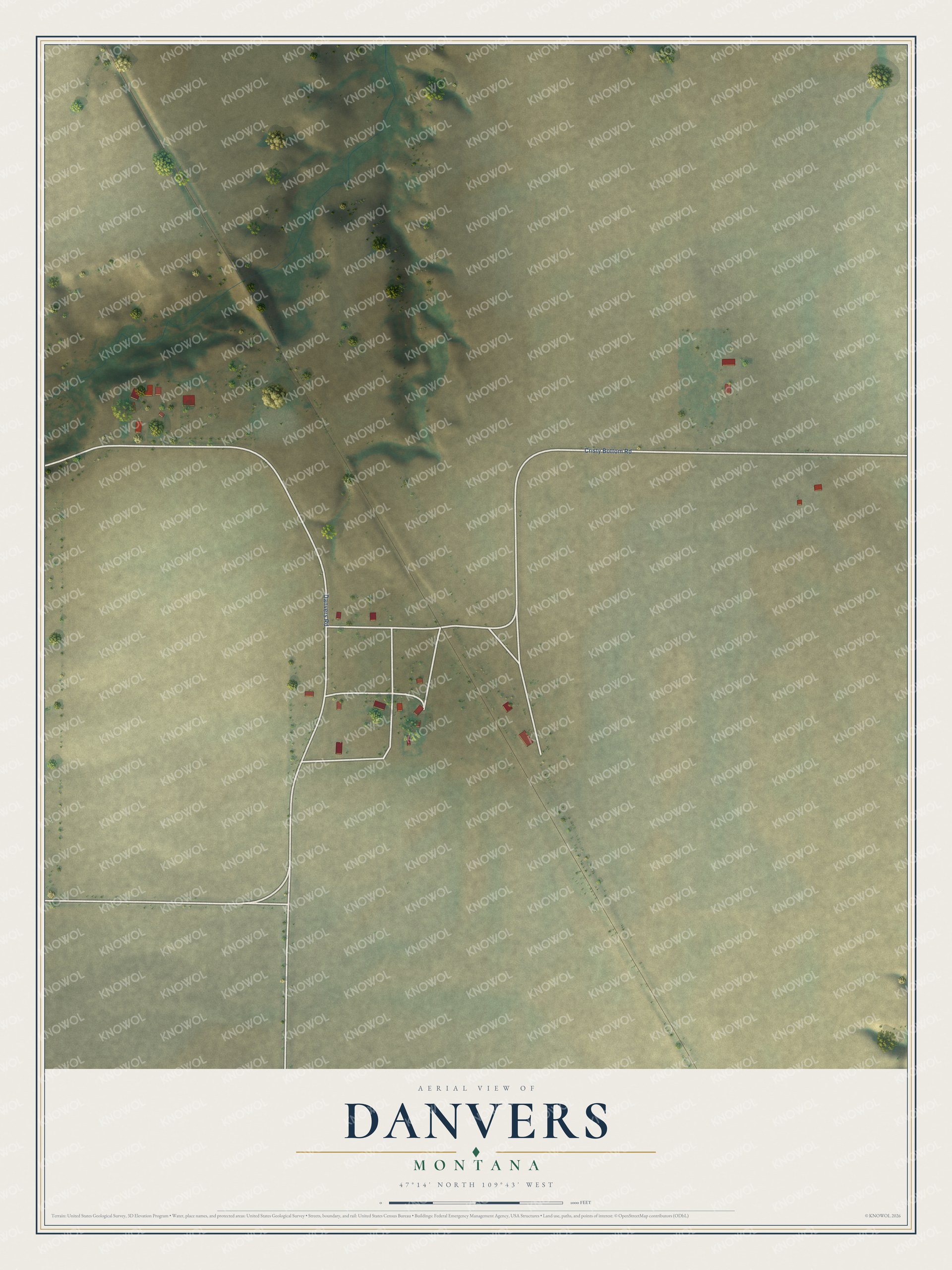 Full map of Danvers, Montana, with red buildings, printed street names and the land around them