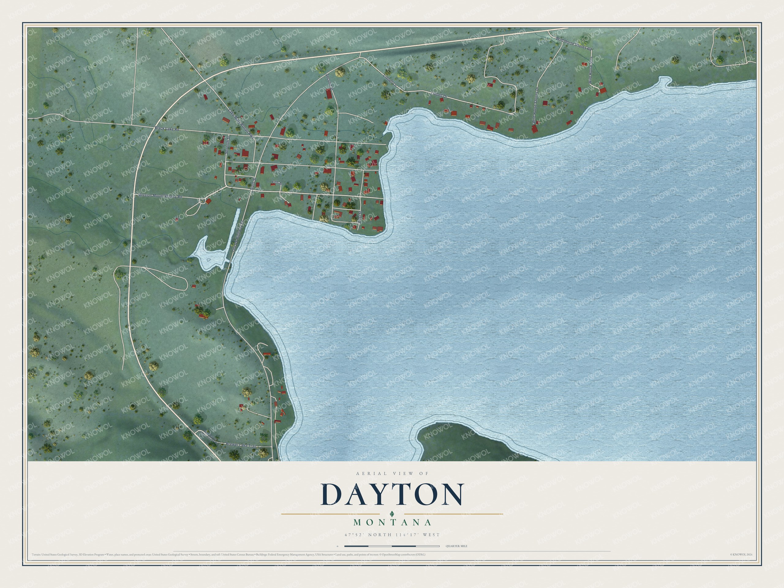 Full map of Dayton, Montana, with red buildings, printed street names and the land around them