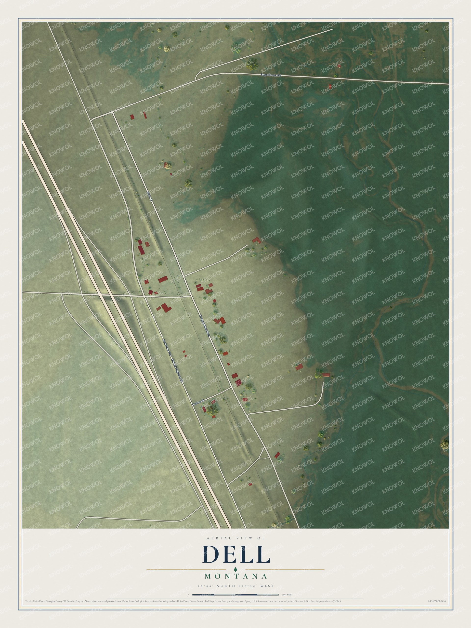 Full map of Dell, Montana, with red buildings, printed street names and the land around them