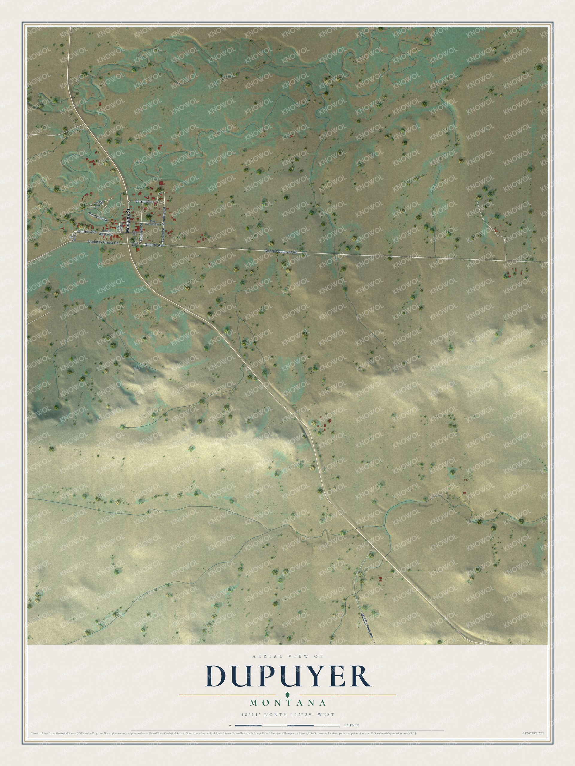 Full map of Dupuyer, Montana, with red buildings, printed street names and the land around them