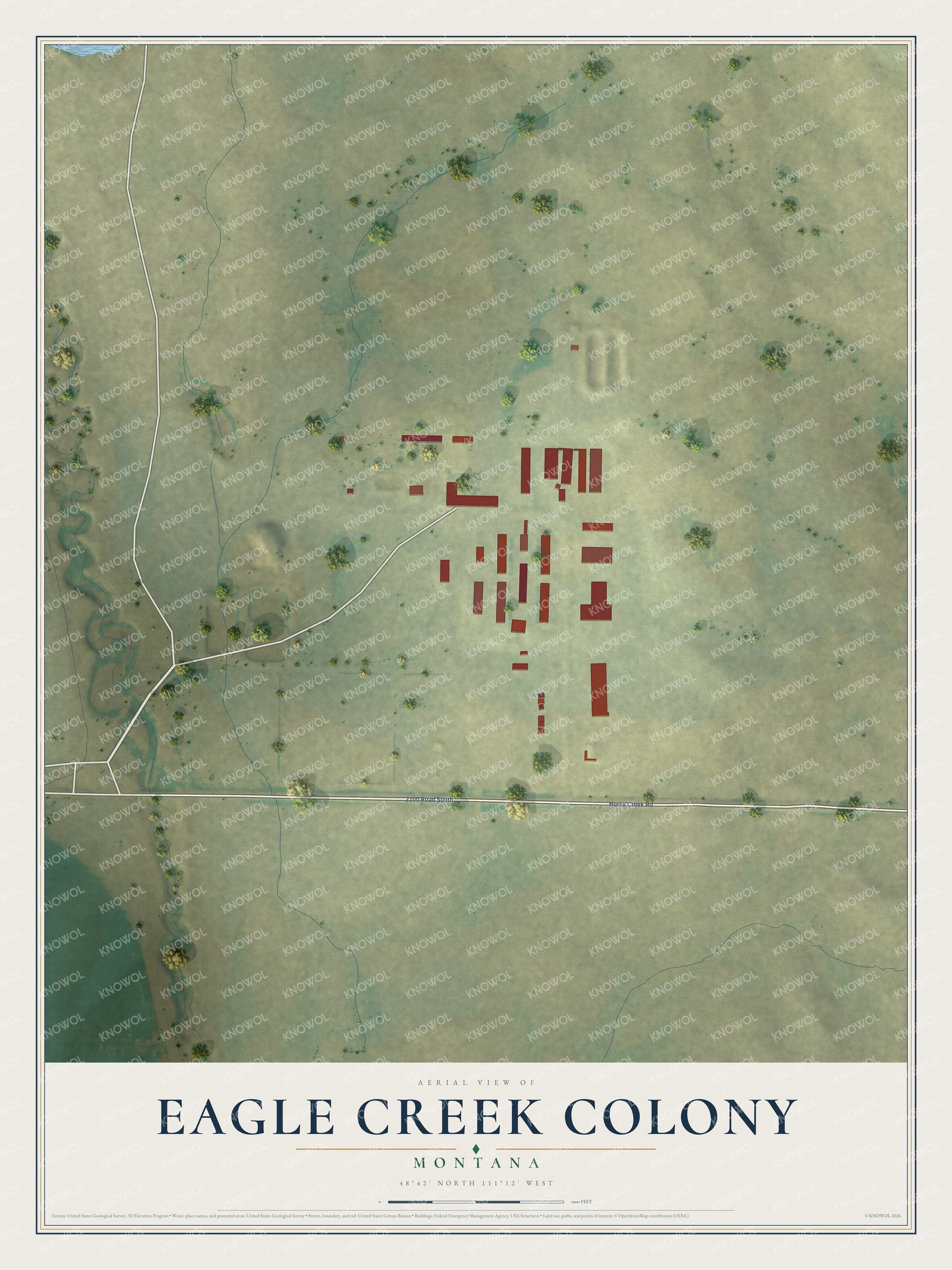 Full map of Eagle Creek Colony, Montana, with red buildings, printed street names and the land around them