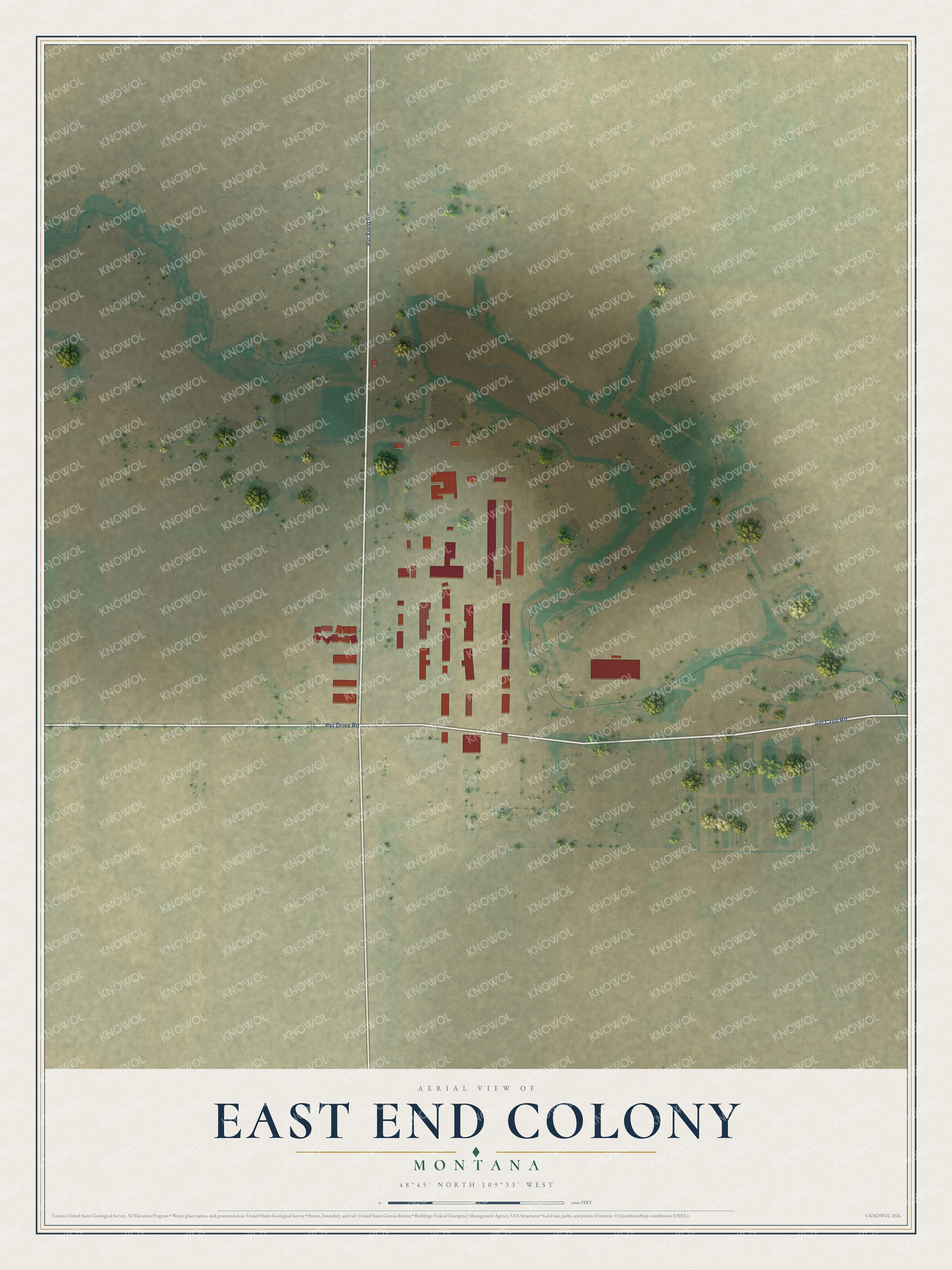 Full map of East End Colony, Montana, with red buildings, printed street names and the land around them