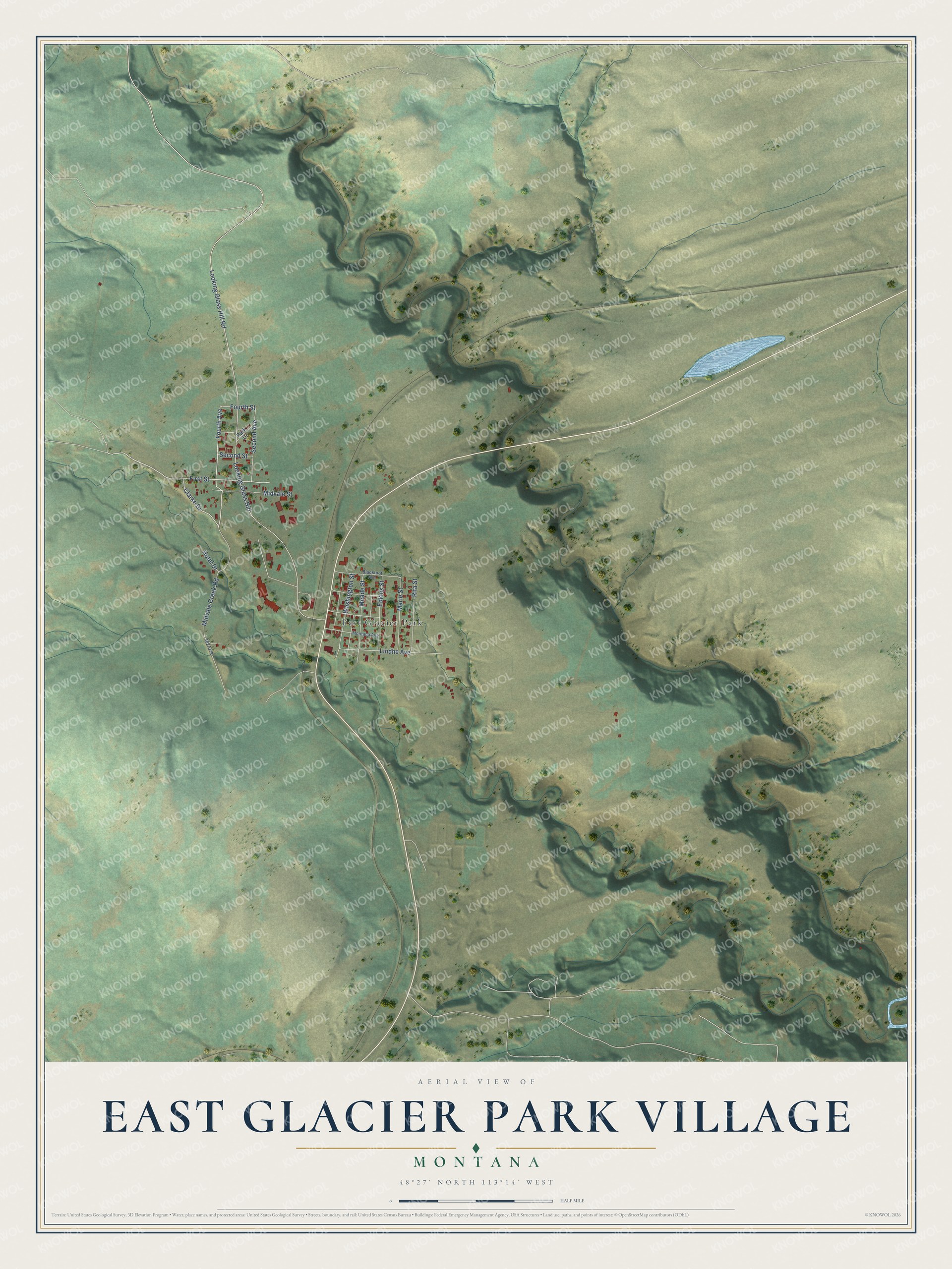 Full map of East Glacier Park Village, Montana, with red buildings, printed street names and the land around them
