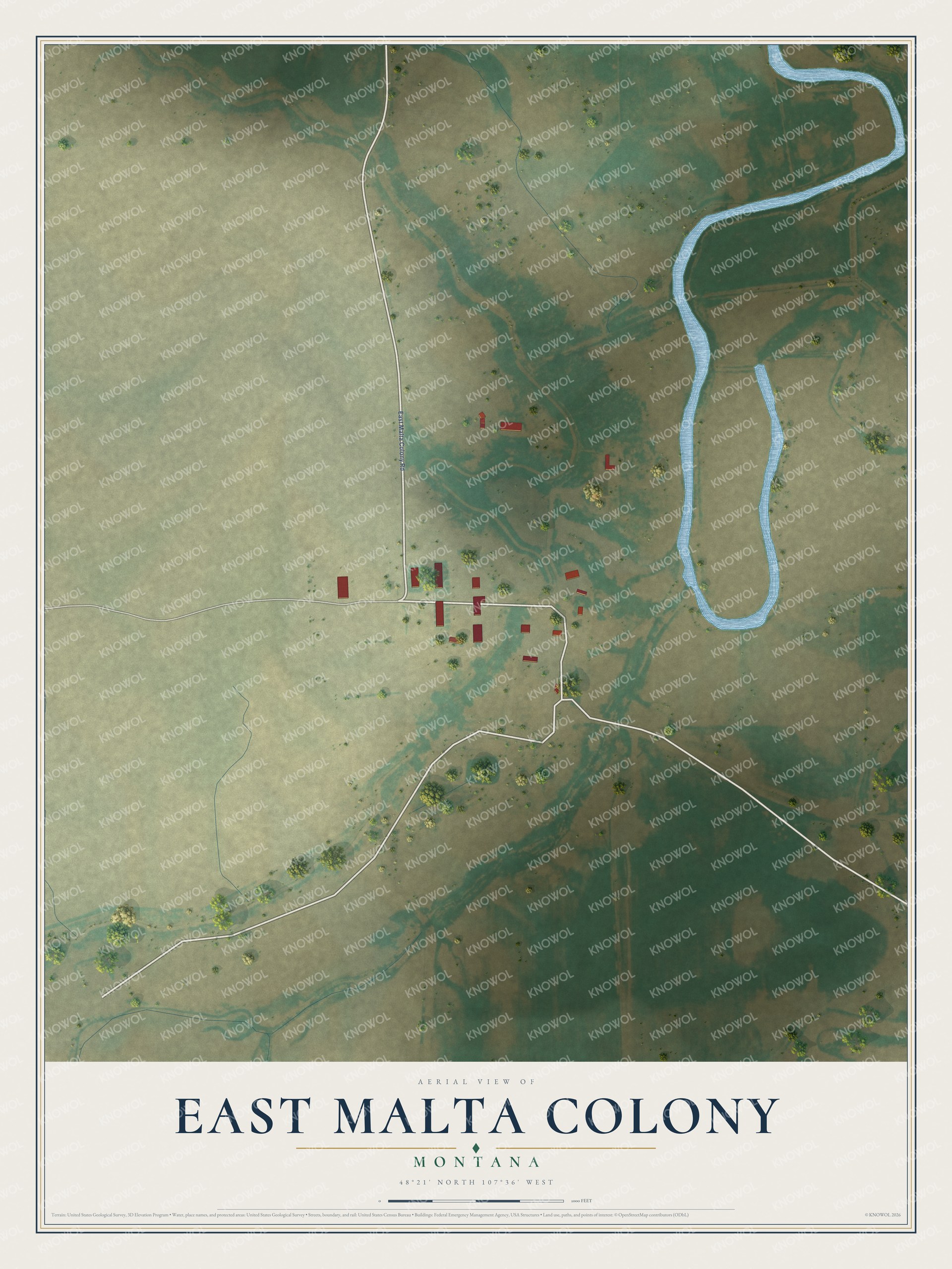 Full map of East Malta Colony, Montana, with red buildings, printed street names and the land around them