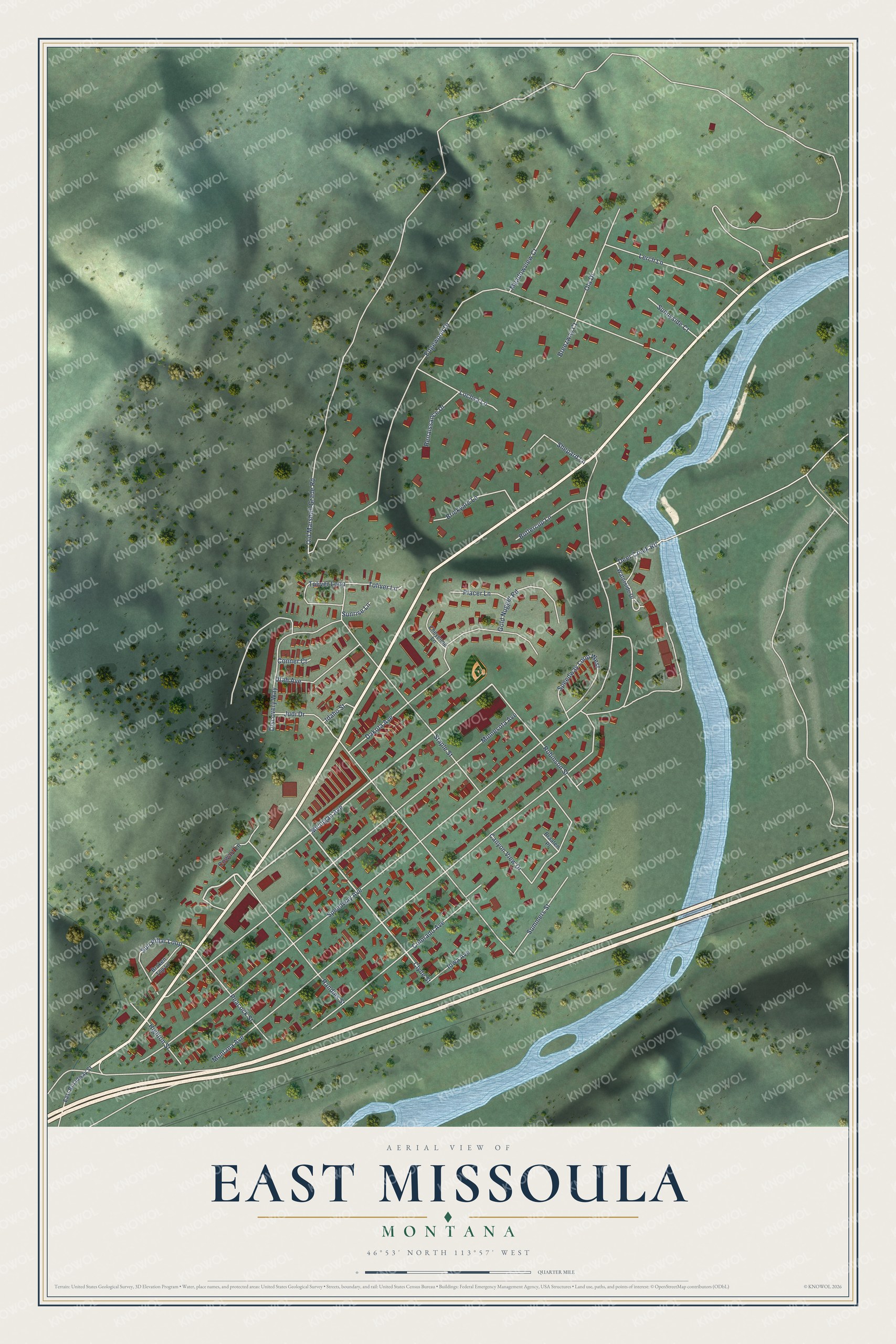 Full map of East Missoula, Montana, with red buildings, printed street names and the land around them