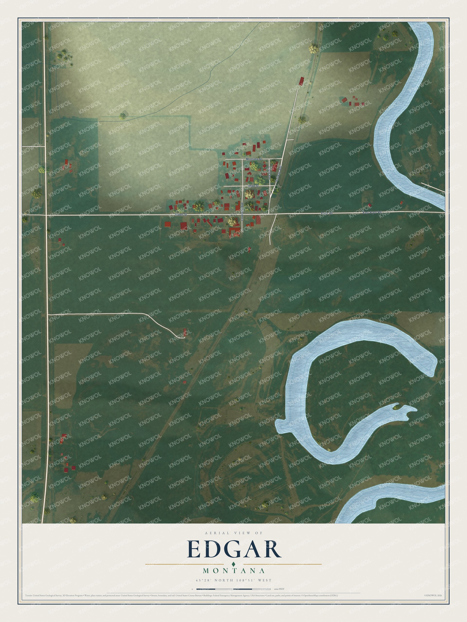 Full map of Edgar, Montana, with red buildings, printed street names and the land around them