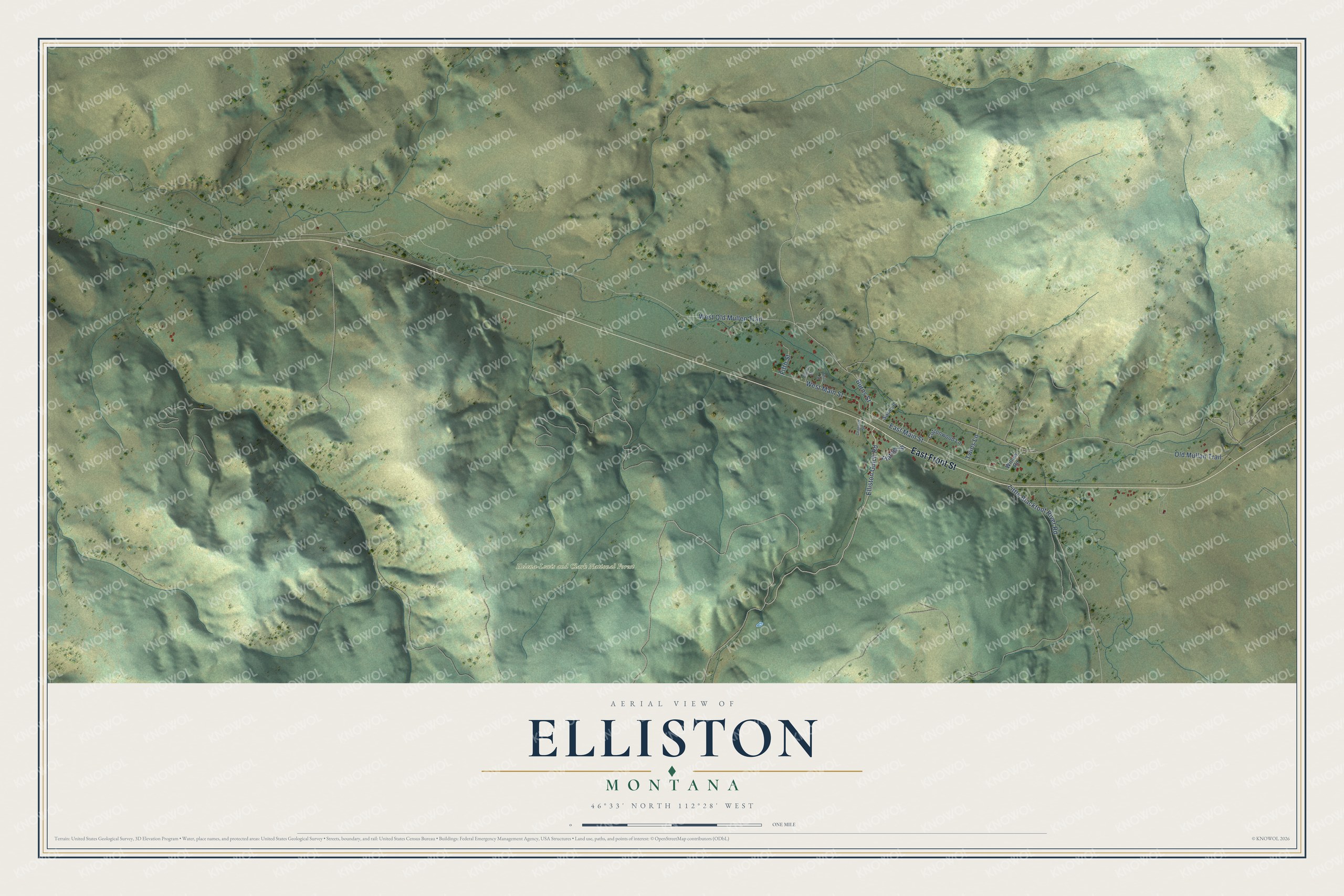 Full map of Elliston, Montana, with red buildings, printed street names and the land around them
