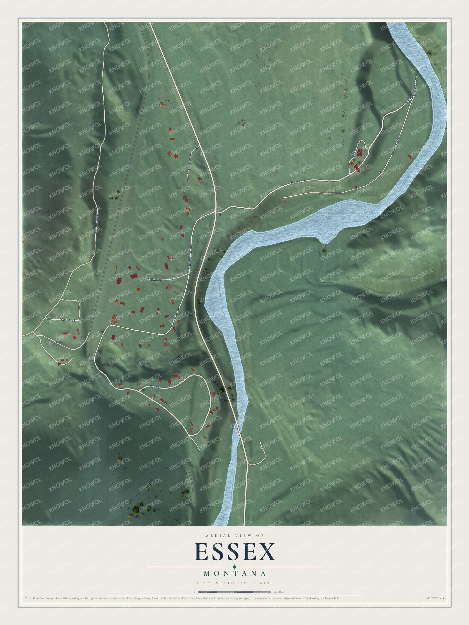 Full map of Essex, Montana, with red buildings, printed street names and the land around them