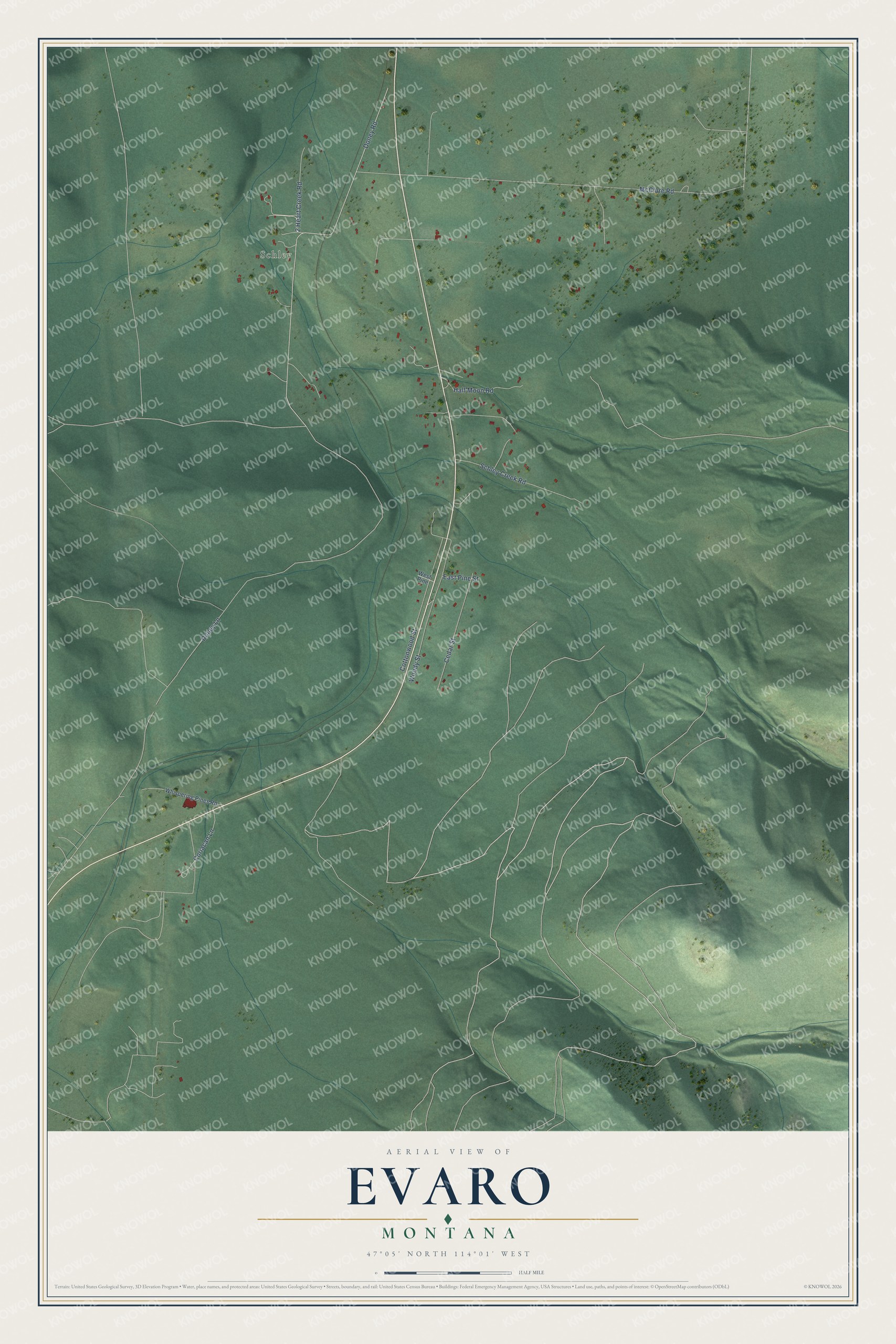 Full map of Evaro, Montana, with red buildings, printed street names and the land around them