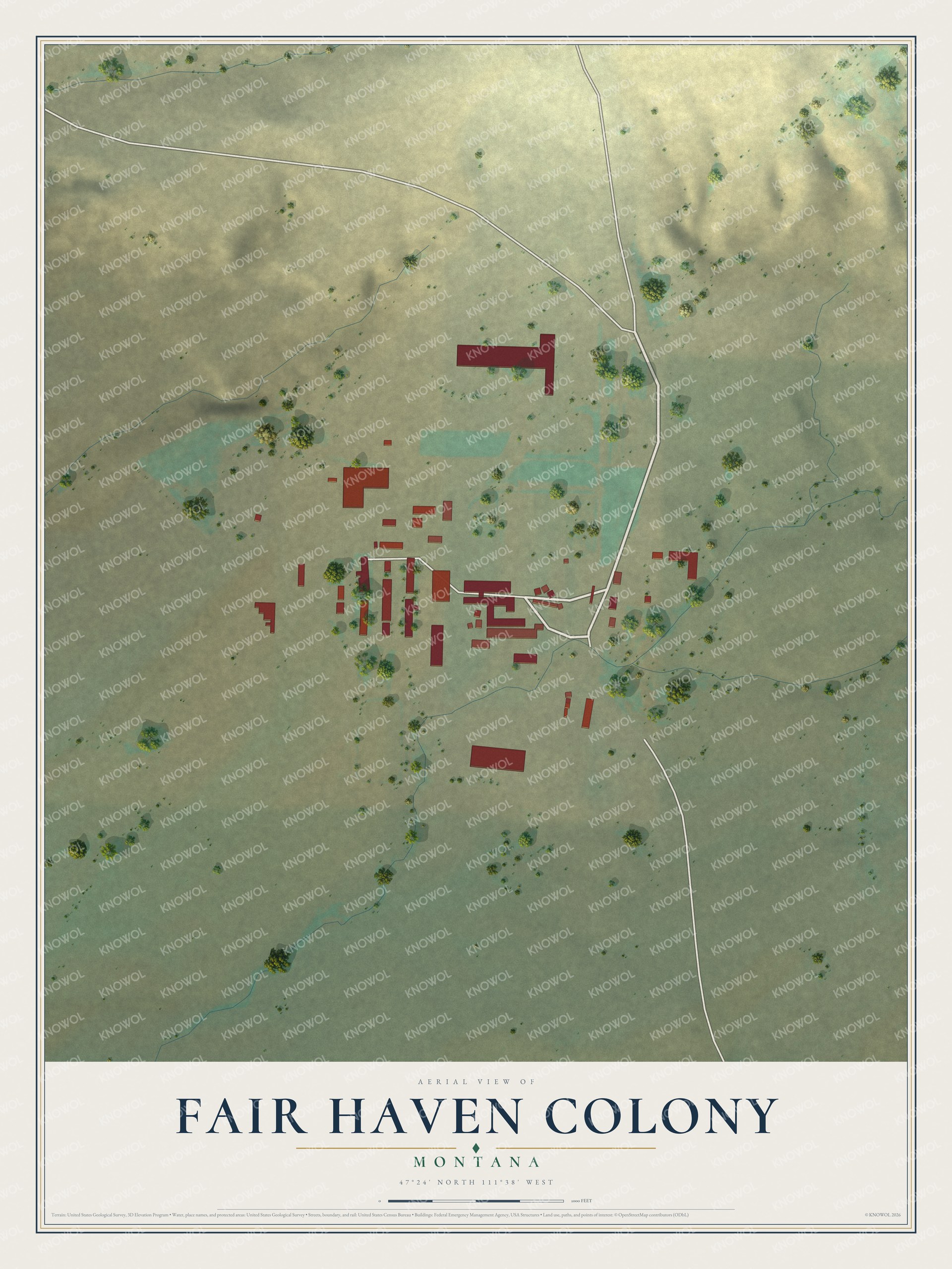 Full map of Fair Haven Colony, Montana, with red buildings, printed street names and the land around them