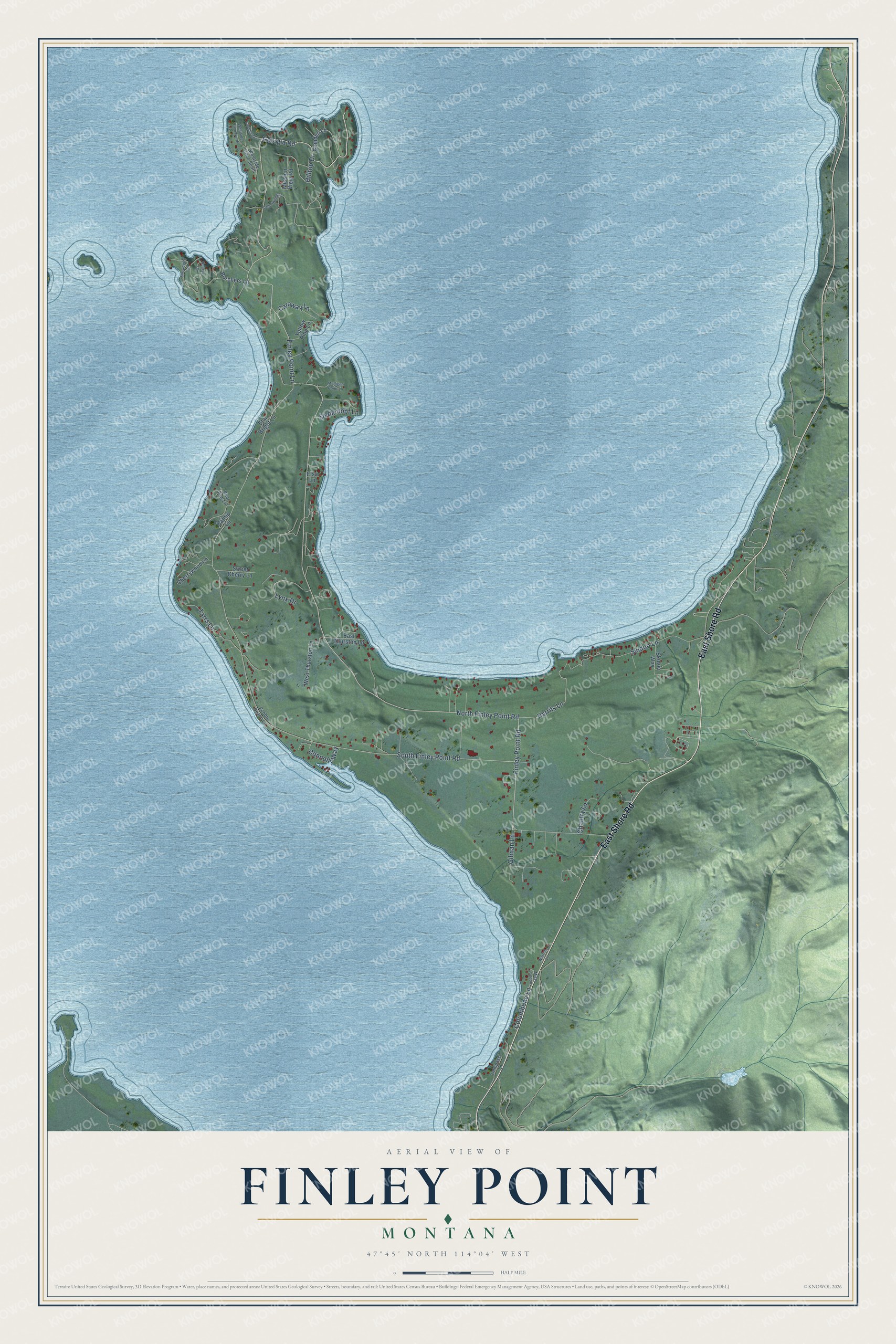 Full map of Finley Point, Montana, with red buildings, printed street names and the land around them