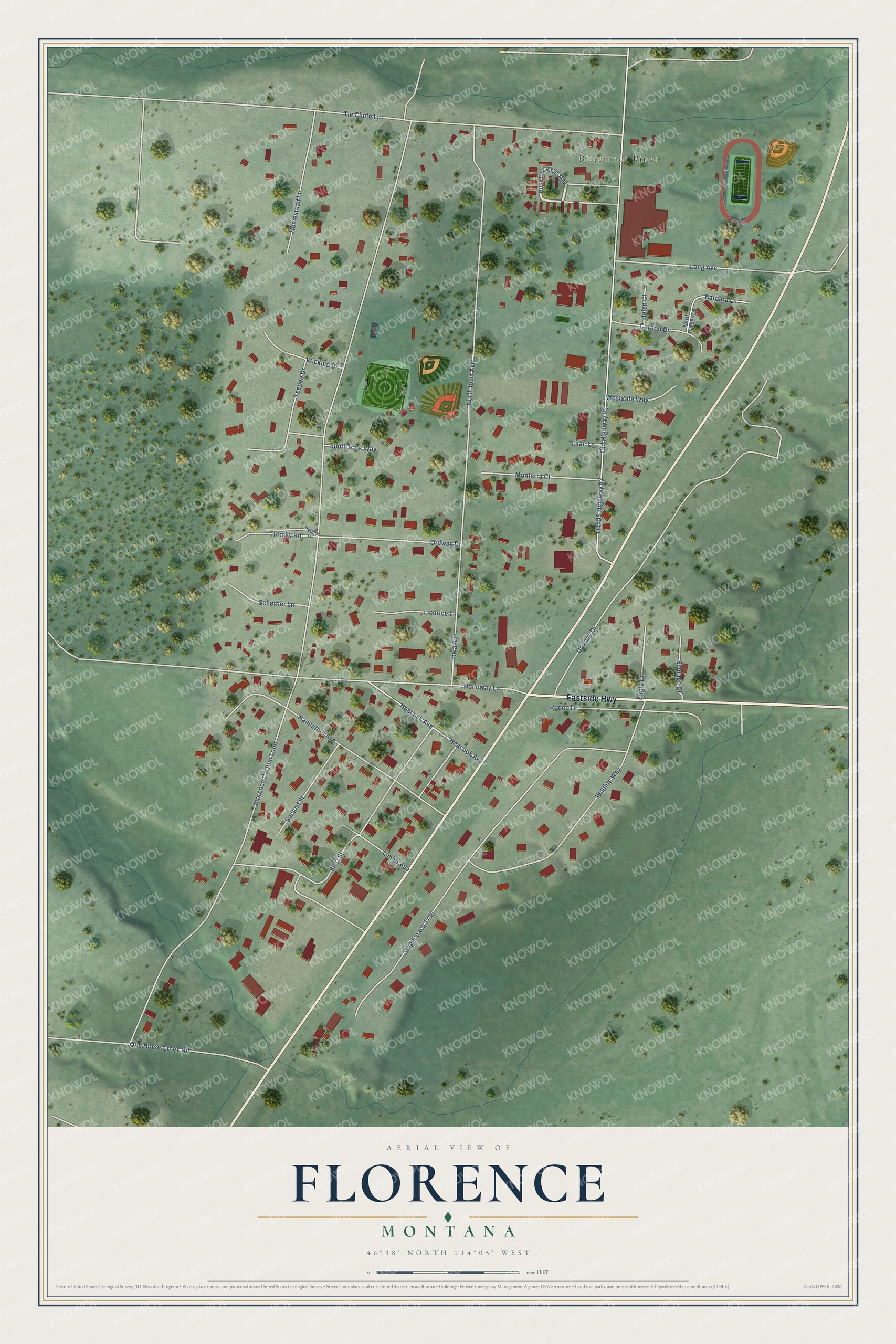 Full map of Florence, Montana, with red buildings, printed street names and the land around them