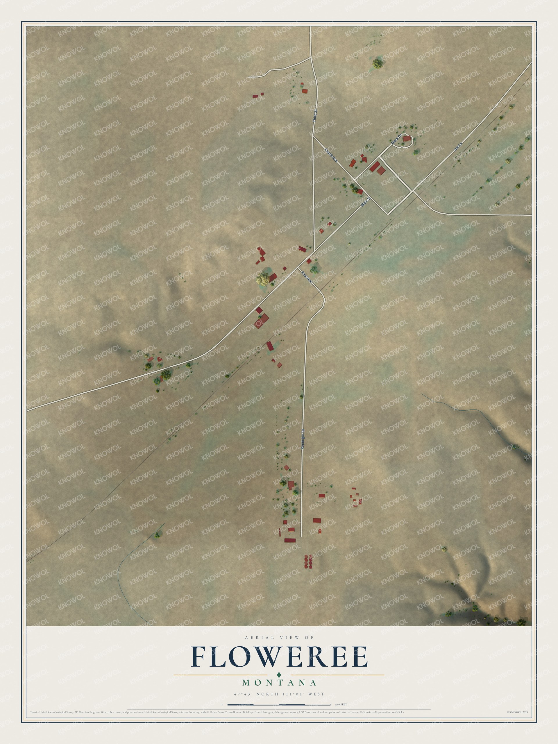 Full map of Floweree, Montana, with red buildings, printed street names and the land around them