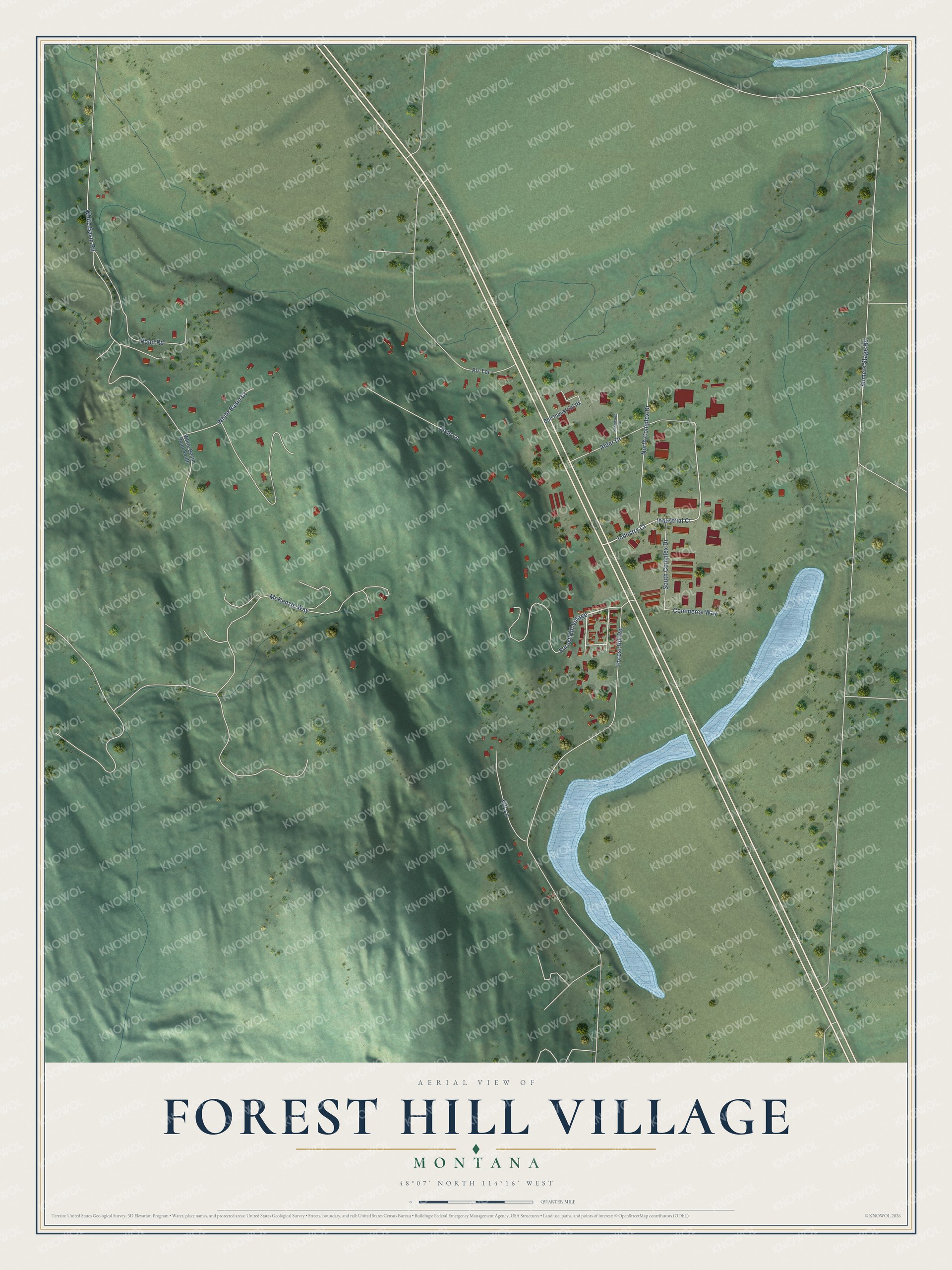 Full map of Forest Hill Village, Montana, with red buildings, printed street names and the land around them