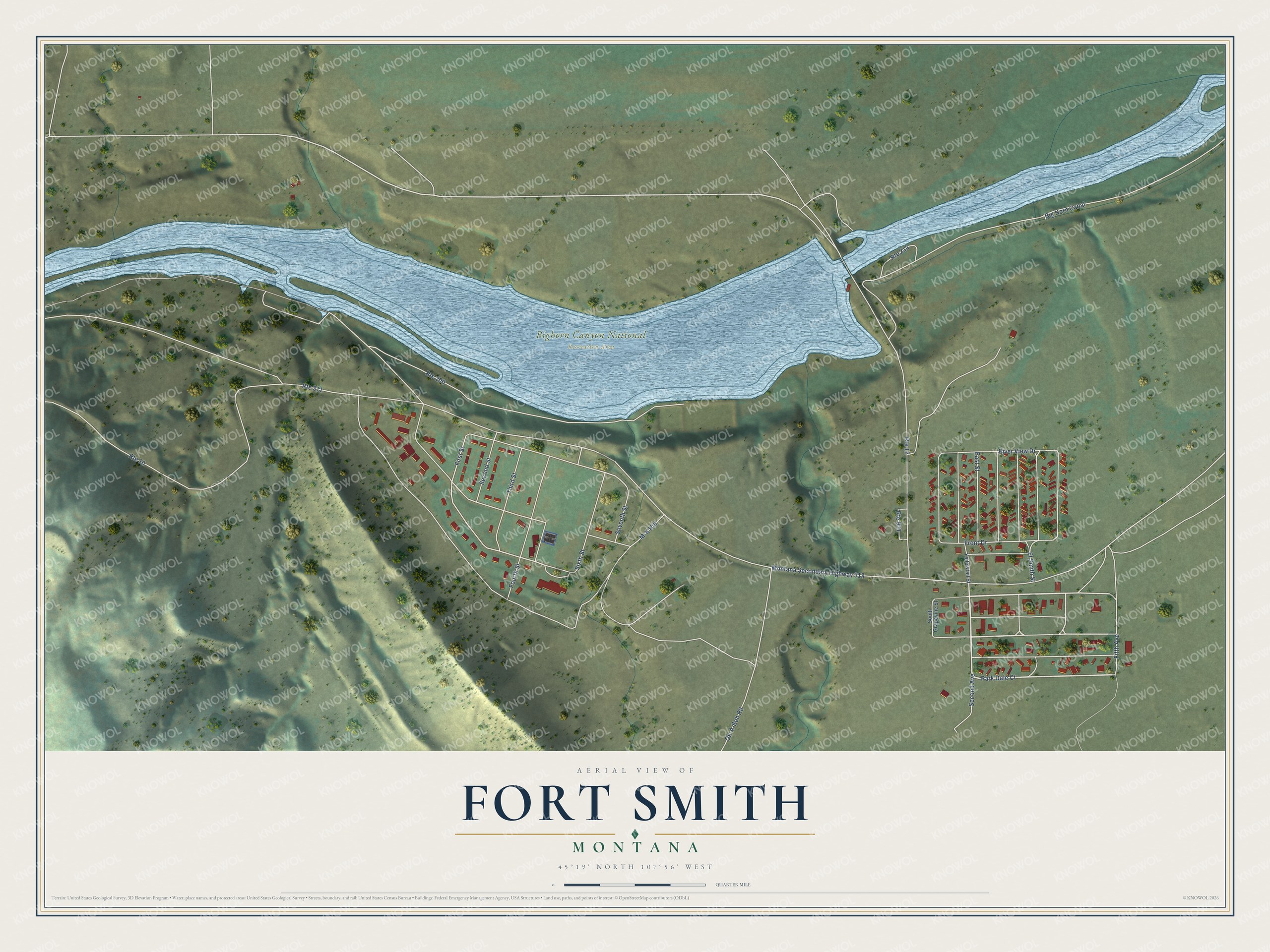 Full map of Fort Smith, Montana, with red buildings, printed street names and the land around them