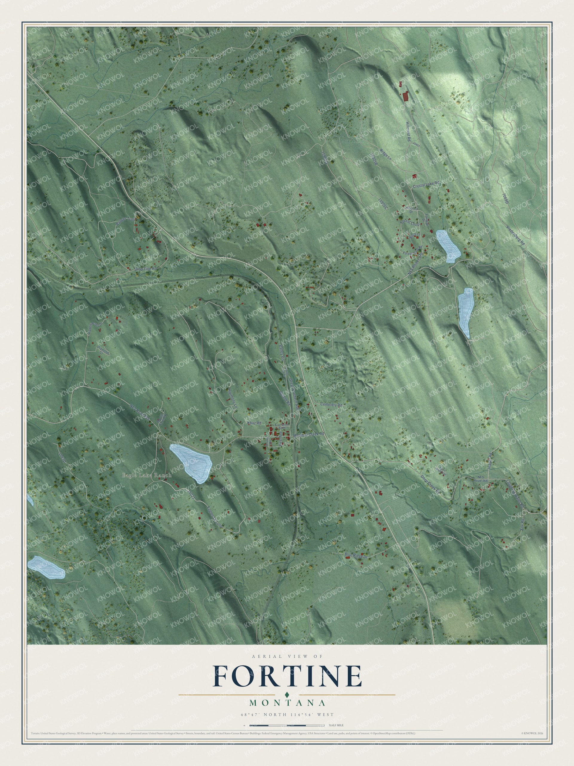 Full map of Fortine, Montana, with red buildings, printed street names and the land around them