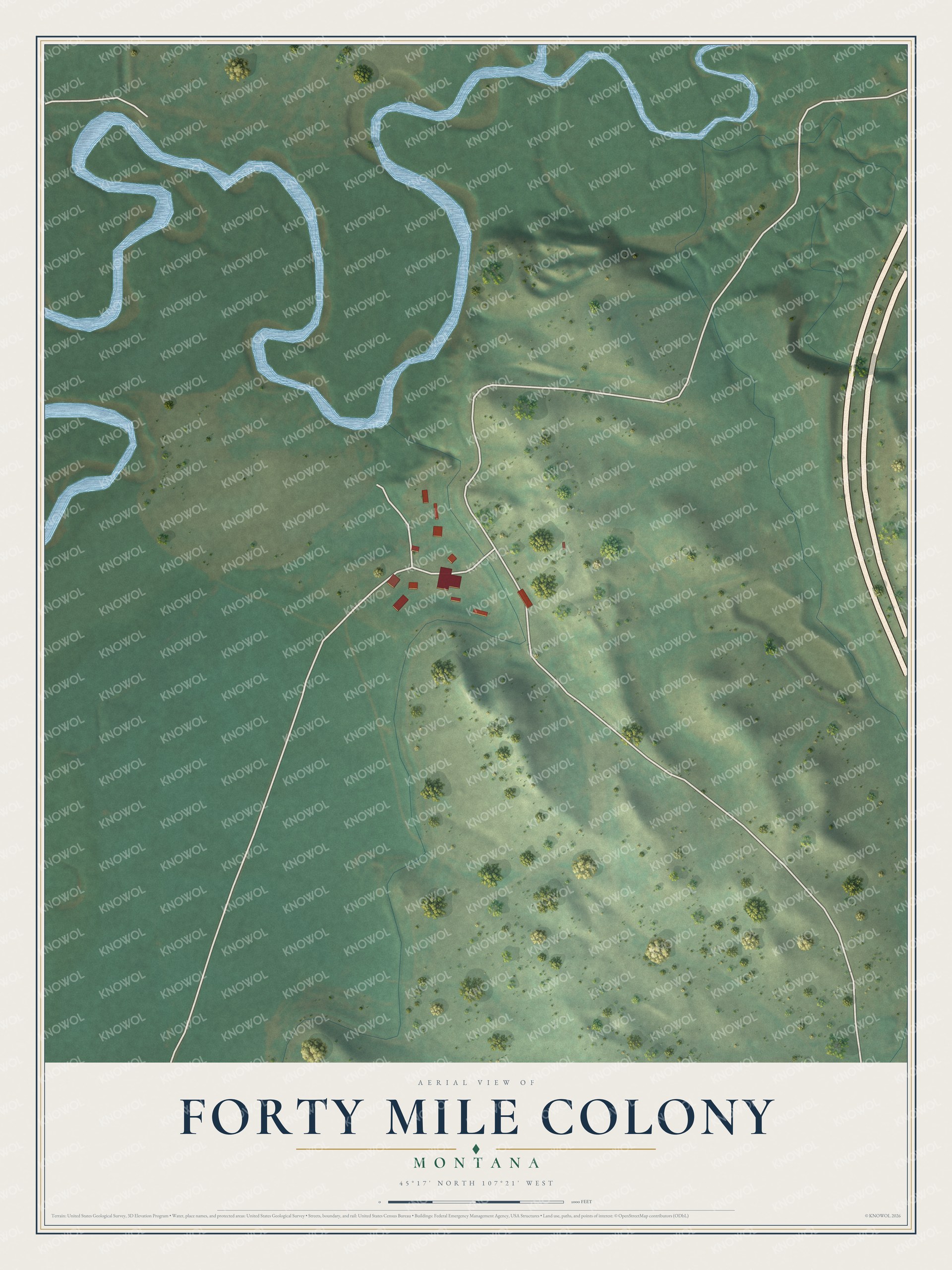 Full map of Forty Mile Colony, Montana, with red buildings, printed street names and the land around them