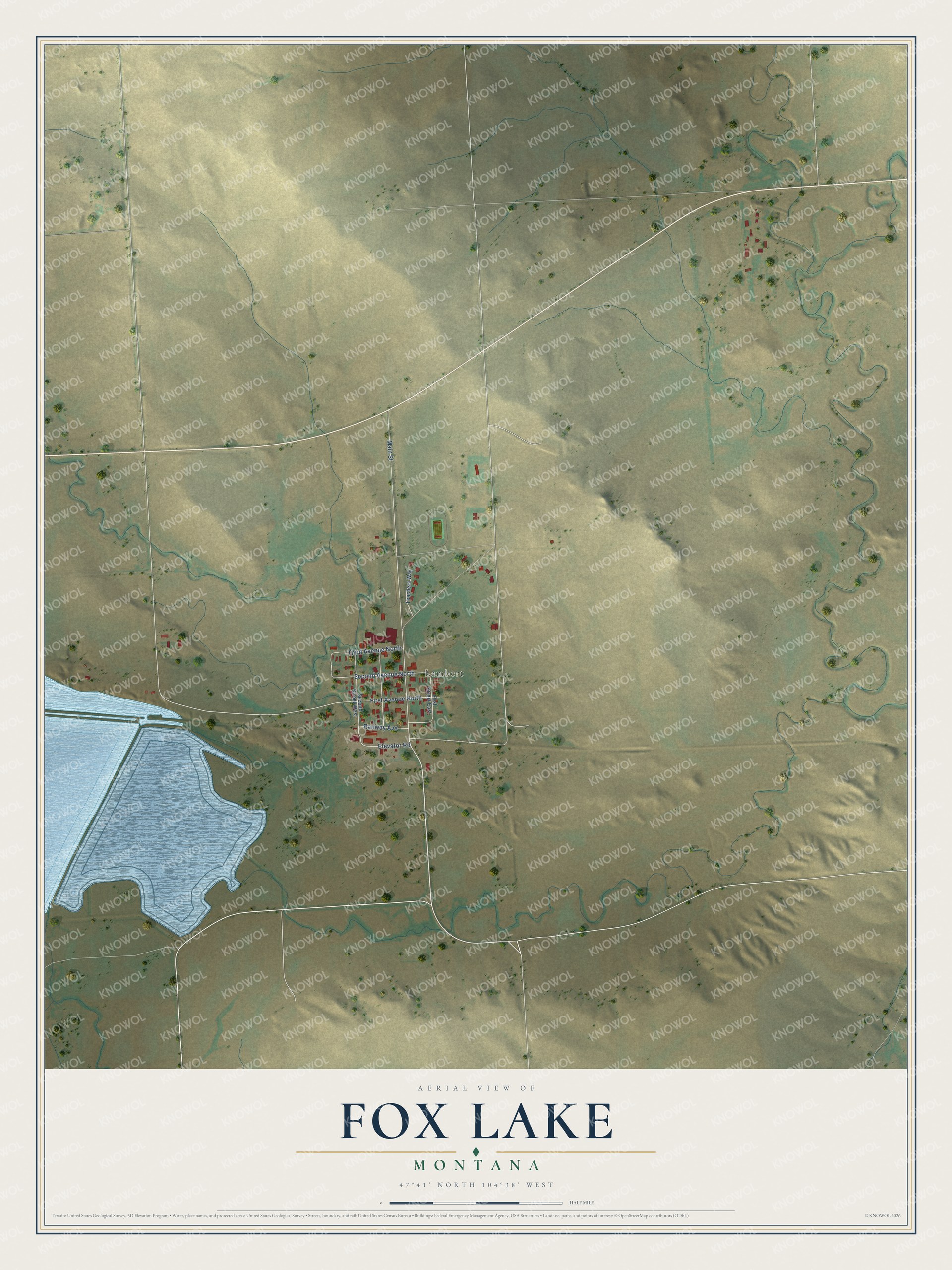 Full map of Fox Lake, Montana, with red buildings, printed street names and the land around them