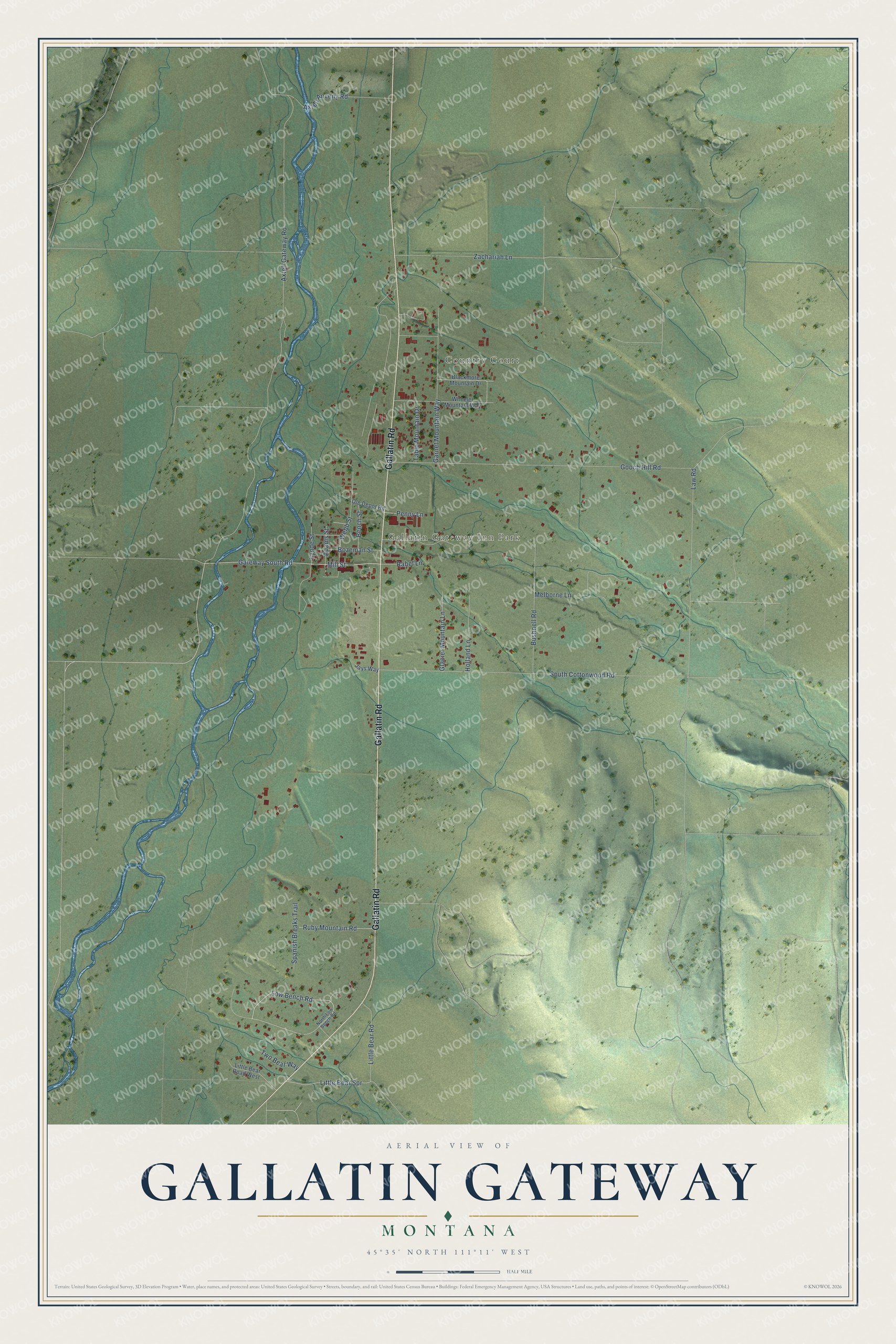 Full map of Gallatin Gateway, Montana, with red buildings, printed street names and the land around them