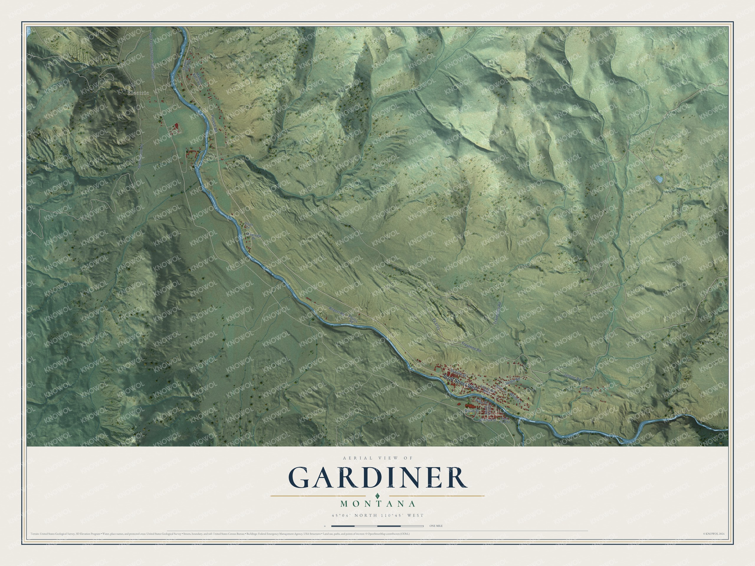 Full map of Gardiner, Montana, with red buildings, printed street names and the land around them
