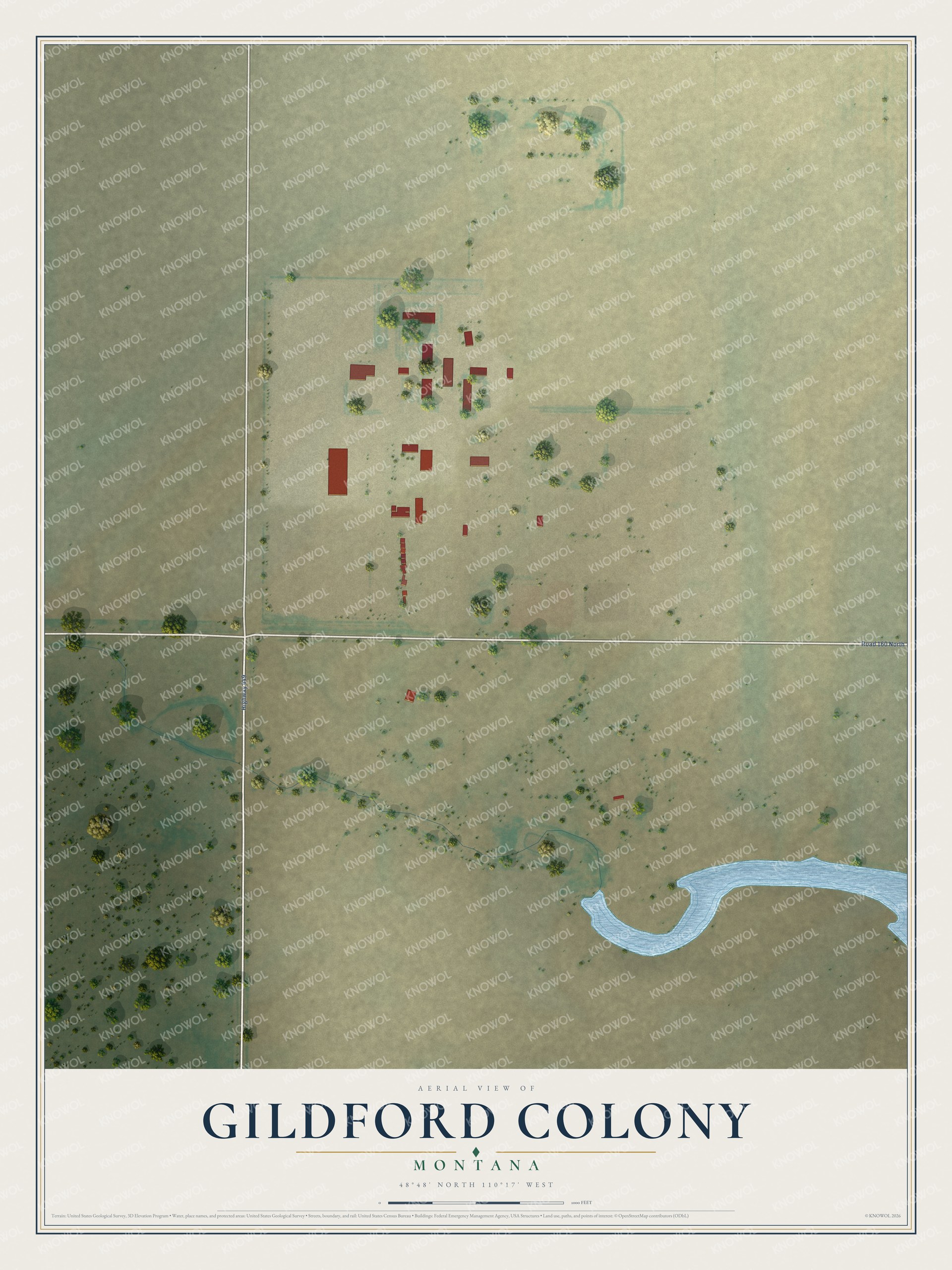 Full map of Gildford Colony, Montana, with red buildings, printed street names and the land around them