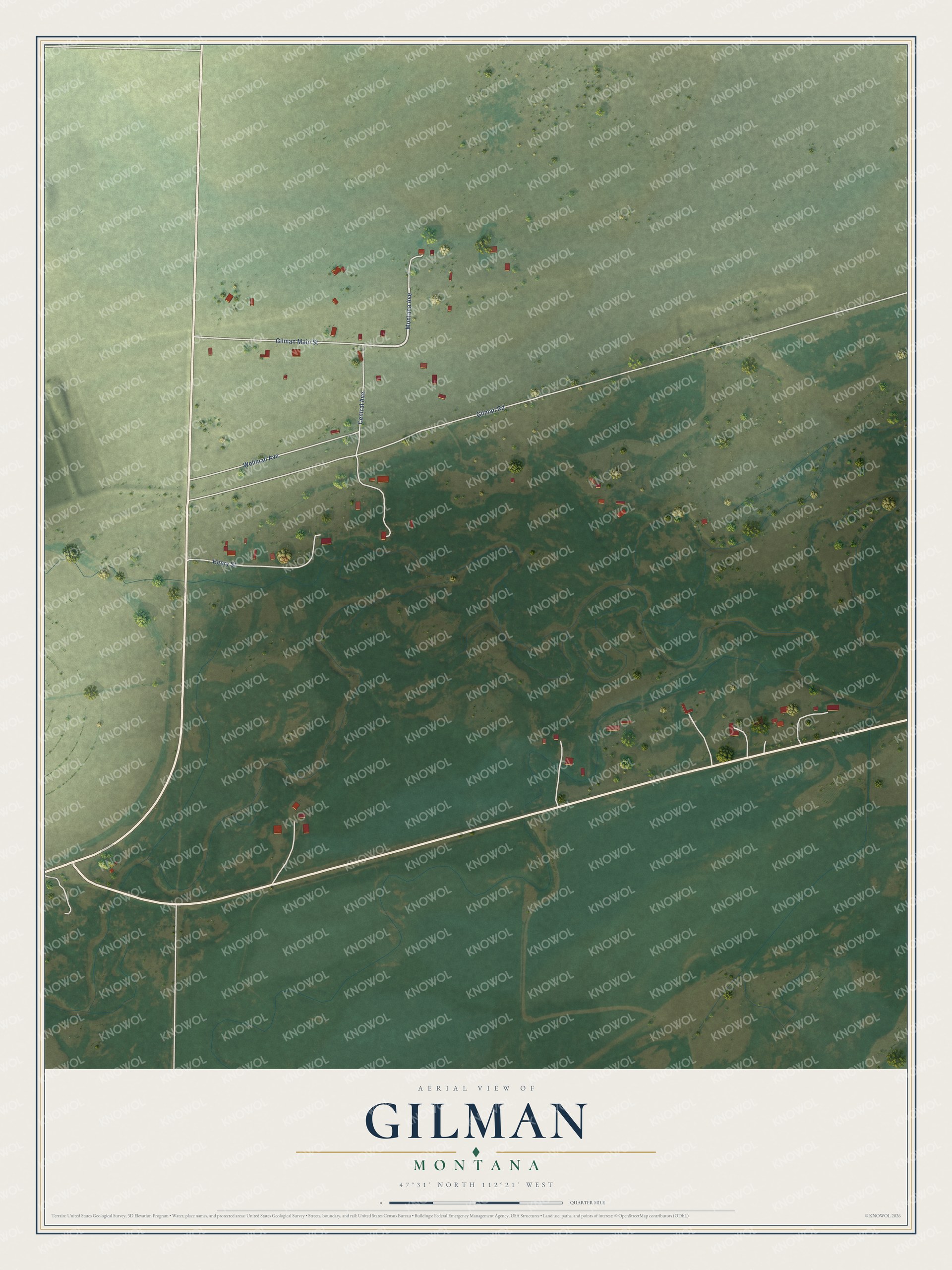 Full map of Gilman, Montana, with red buildings, printed street names and the land around them