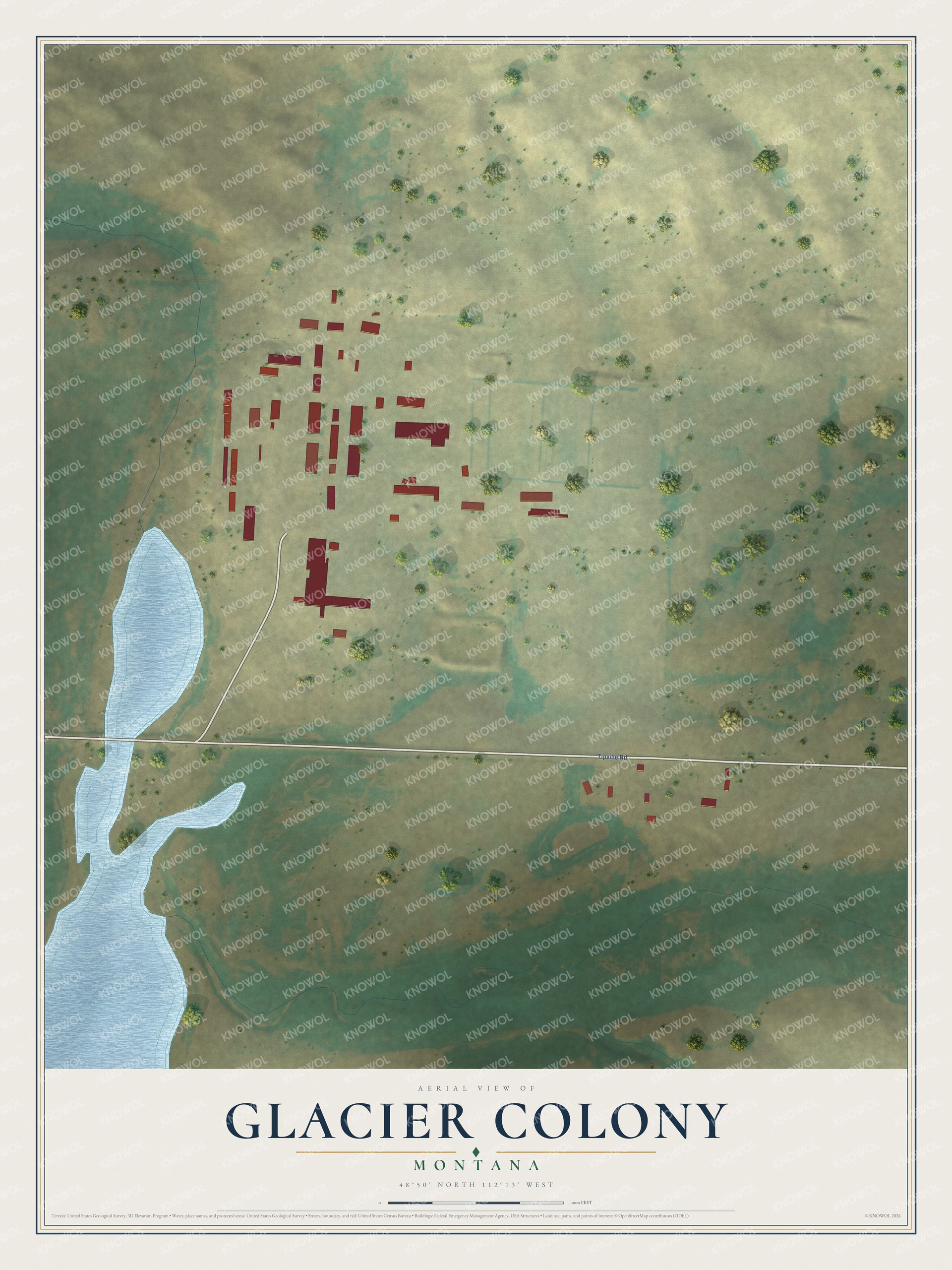 Full map of Glacier Colony, Montana, with red buildings, printed street names and the land around them