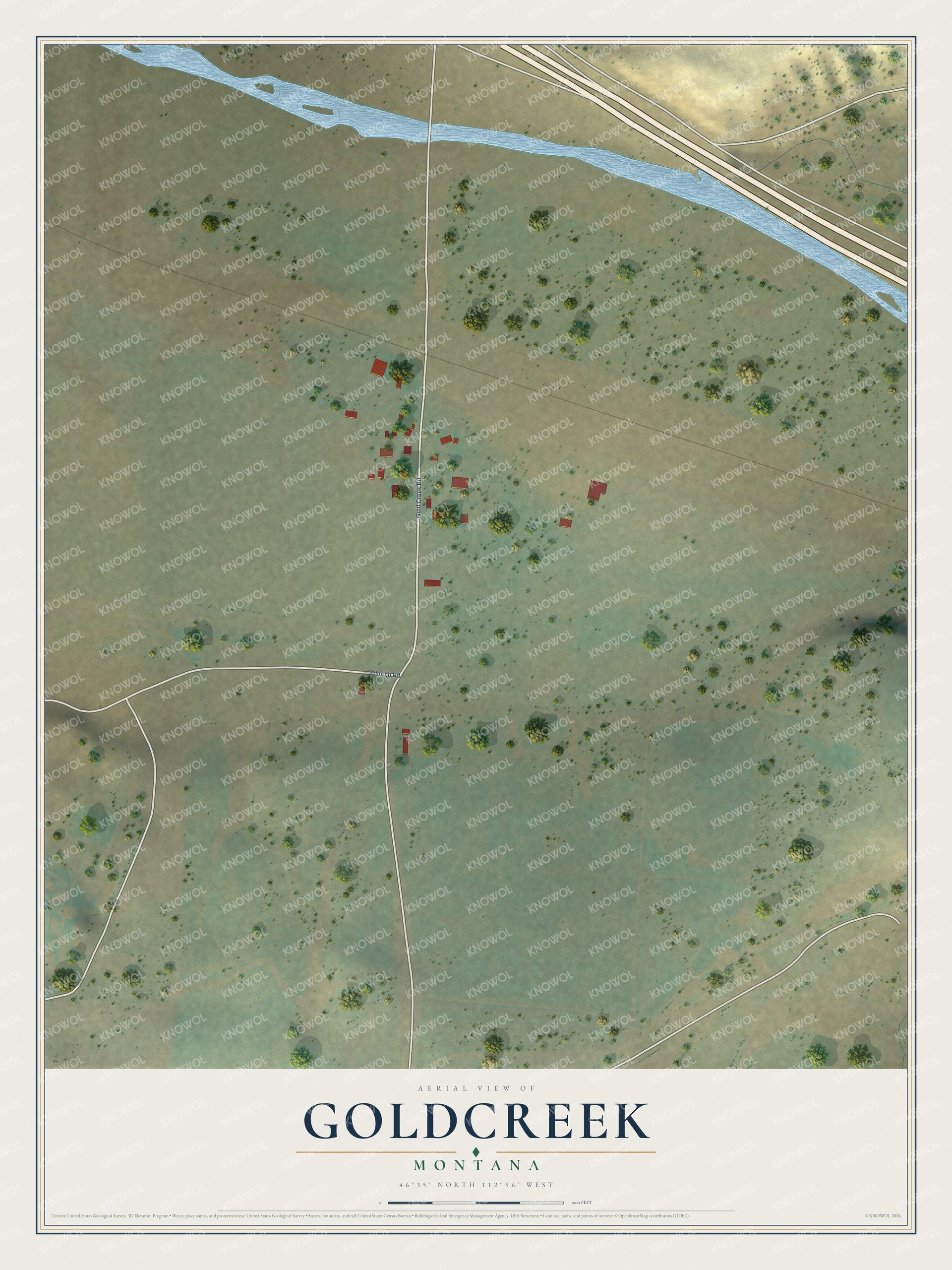 Full map of Goldcreek, Montana, with red buildings, printed street names and the land around them