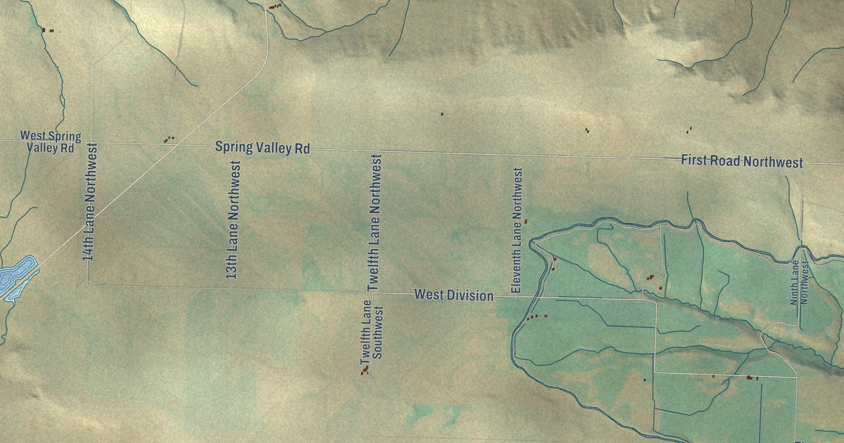 Close-up of streets and buildings in Golden Ridge, Montana