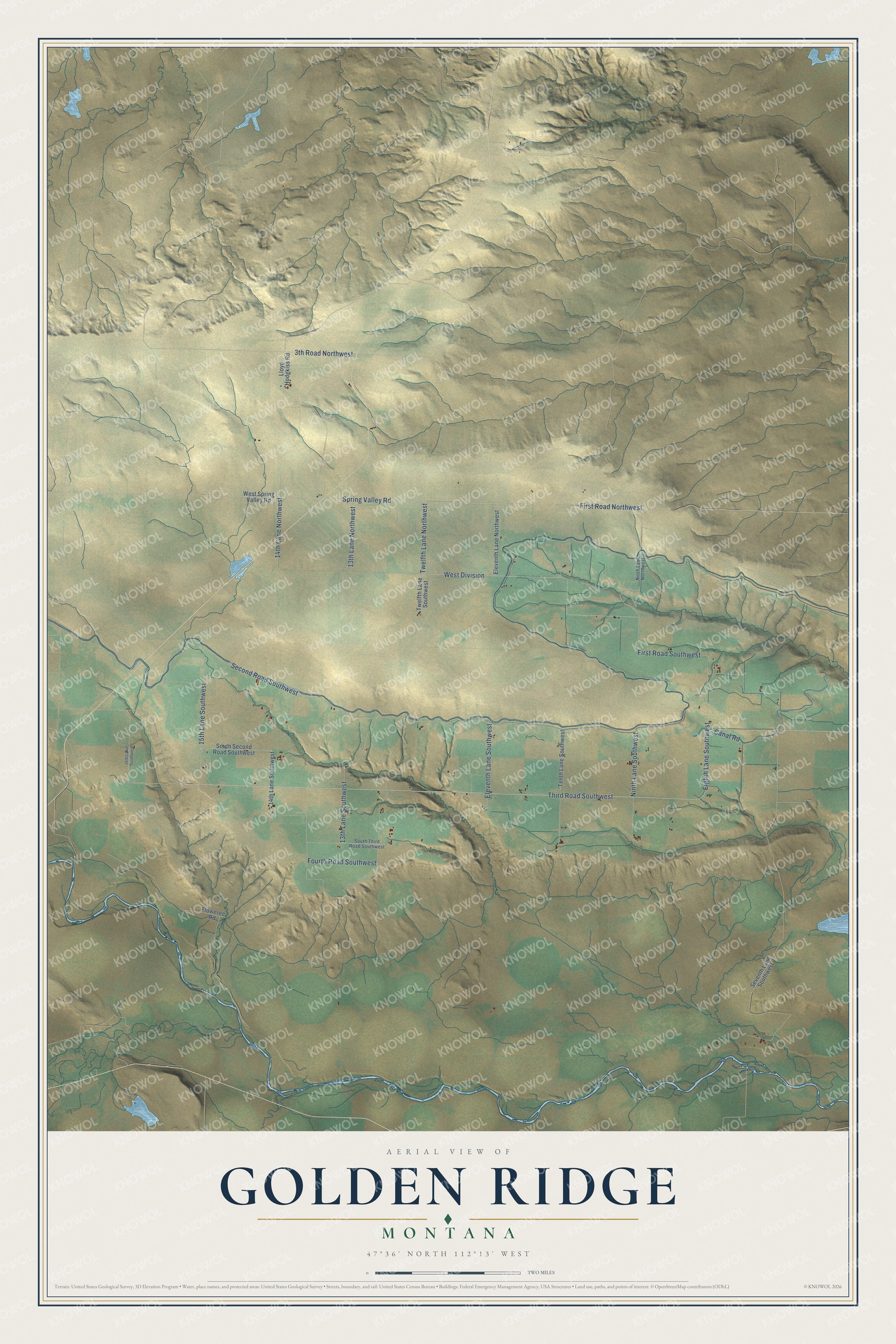 Full map of Golden Ridge, Montana, with red buildings, printed street names and the land around them