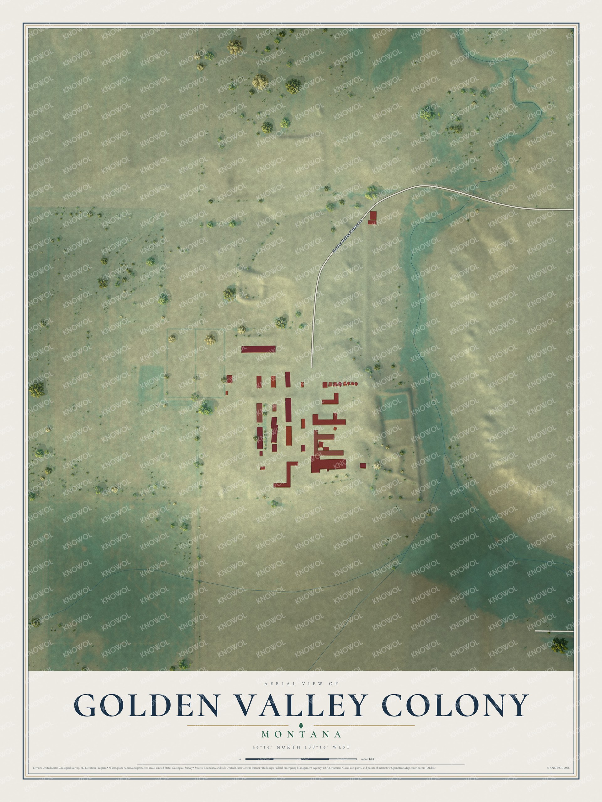 Full map of Golden Valley Colony, Montana, with red buildings, printed street names and the land around them