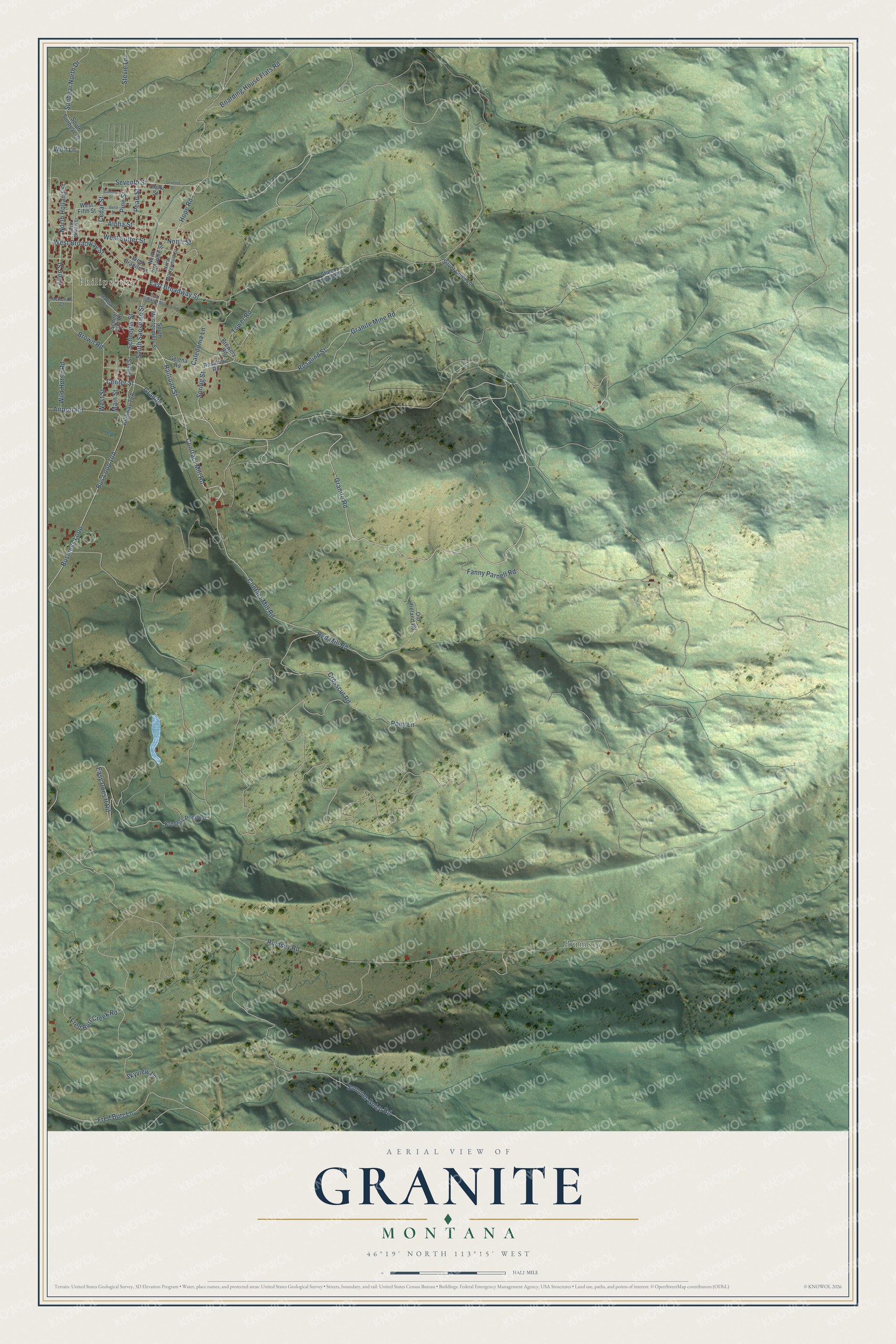 Full map of Granite, Montana, with red buildings, printed street names and the land around them