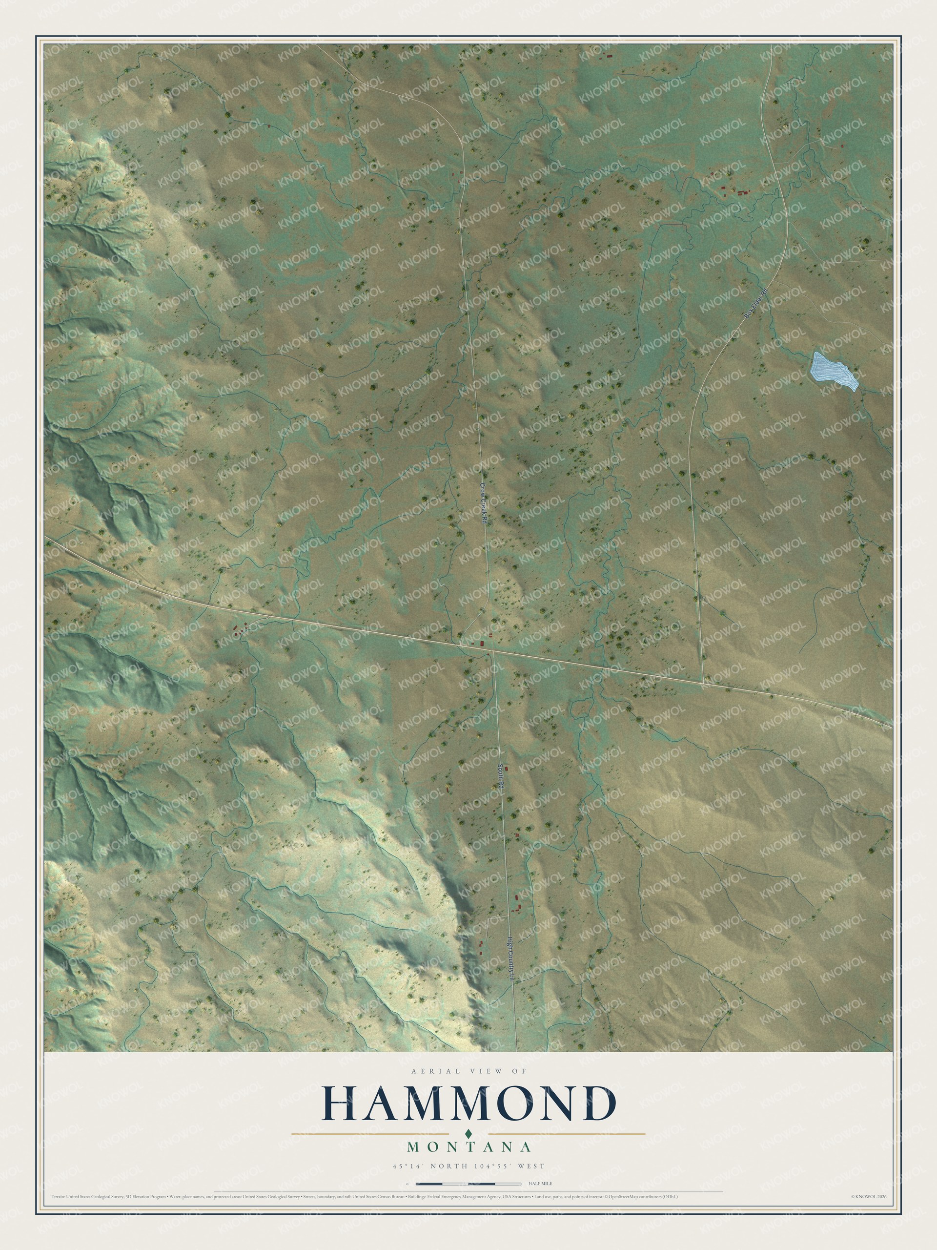 Full map of Hammond, Montana, with red buildings, printed street names and the land around them