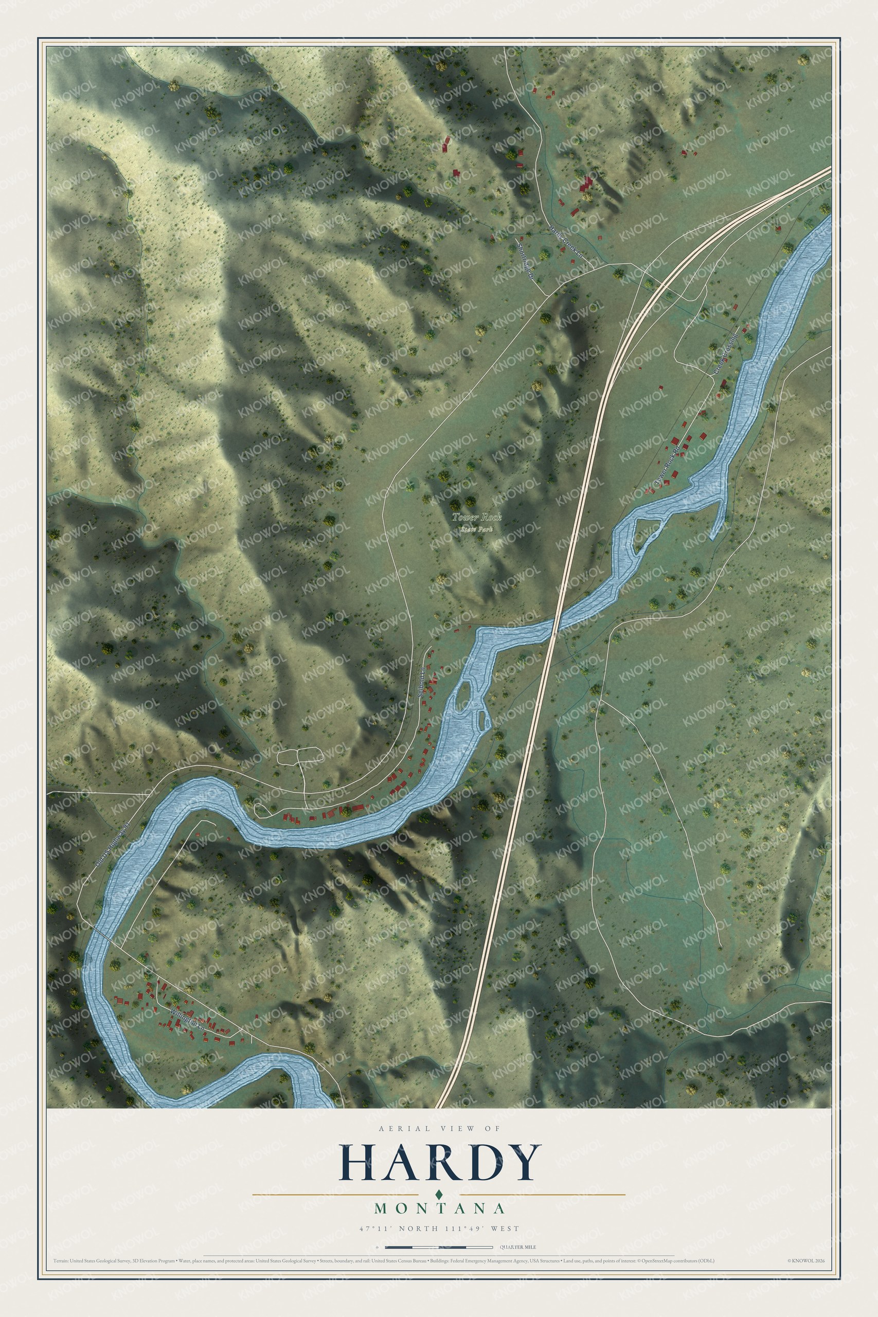 Full map of Hardy, Montana, with red buildings, printed street names and the land around them