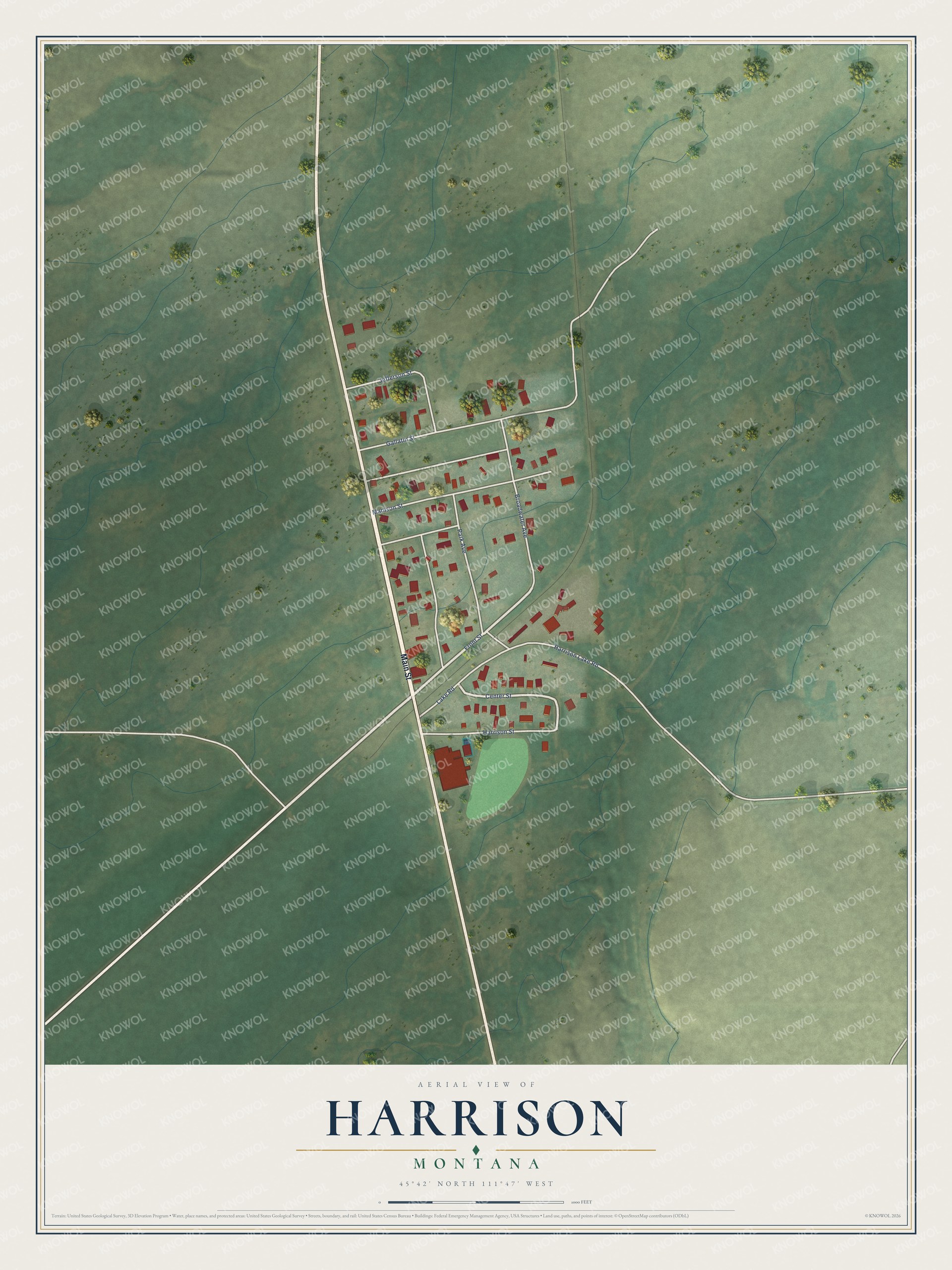 Full map of Harrison, Montana, with red buildings, printed street names and the land around them